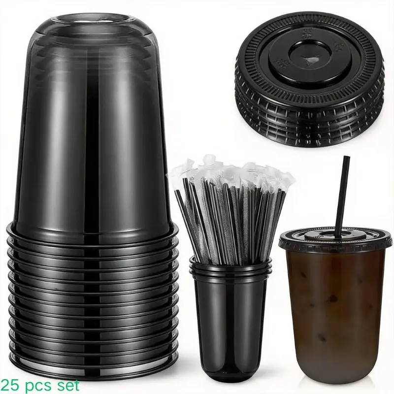 12oz Ice Coffee Cup with Lid, Transparent Plastic Cup, Disposable Cup, Smoothie Cup, Milkshake, Party, Wedding, Event Cold Drink, Cups Pack, Party Tableware Supplies