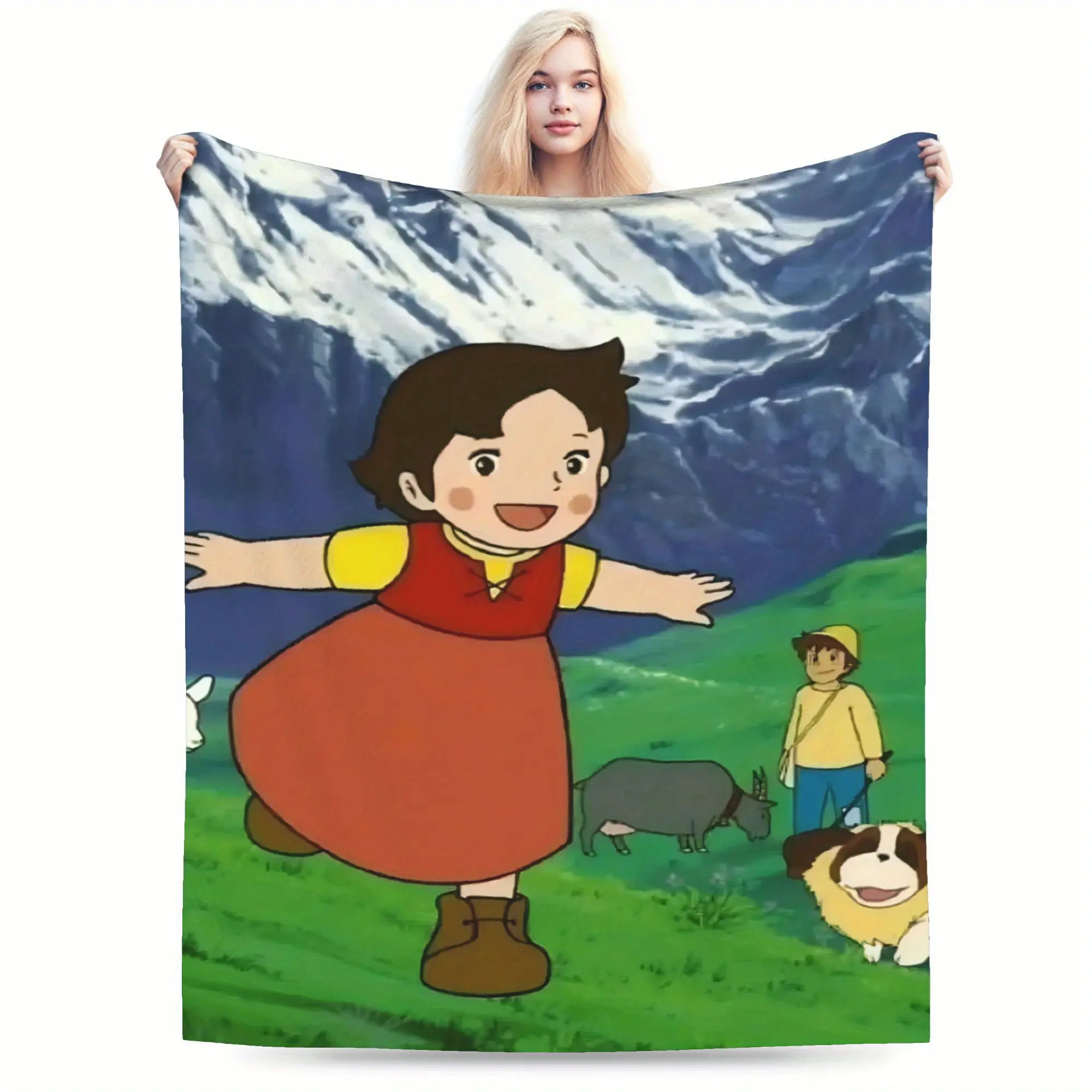 Heidi Anime Blanket - Soft Flannel Sofa, Bed, and Travel Blanket - Featuring the Heidi dog scene from the Swiss Alps - Lightweight, suitable for all seasons, a perfect gift for anime fans - Ideal for living room, sofa, or movie decor, with a fun design, c