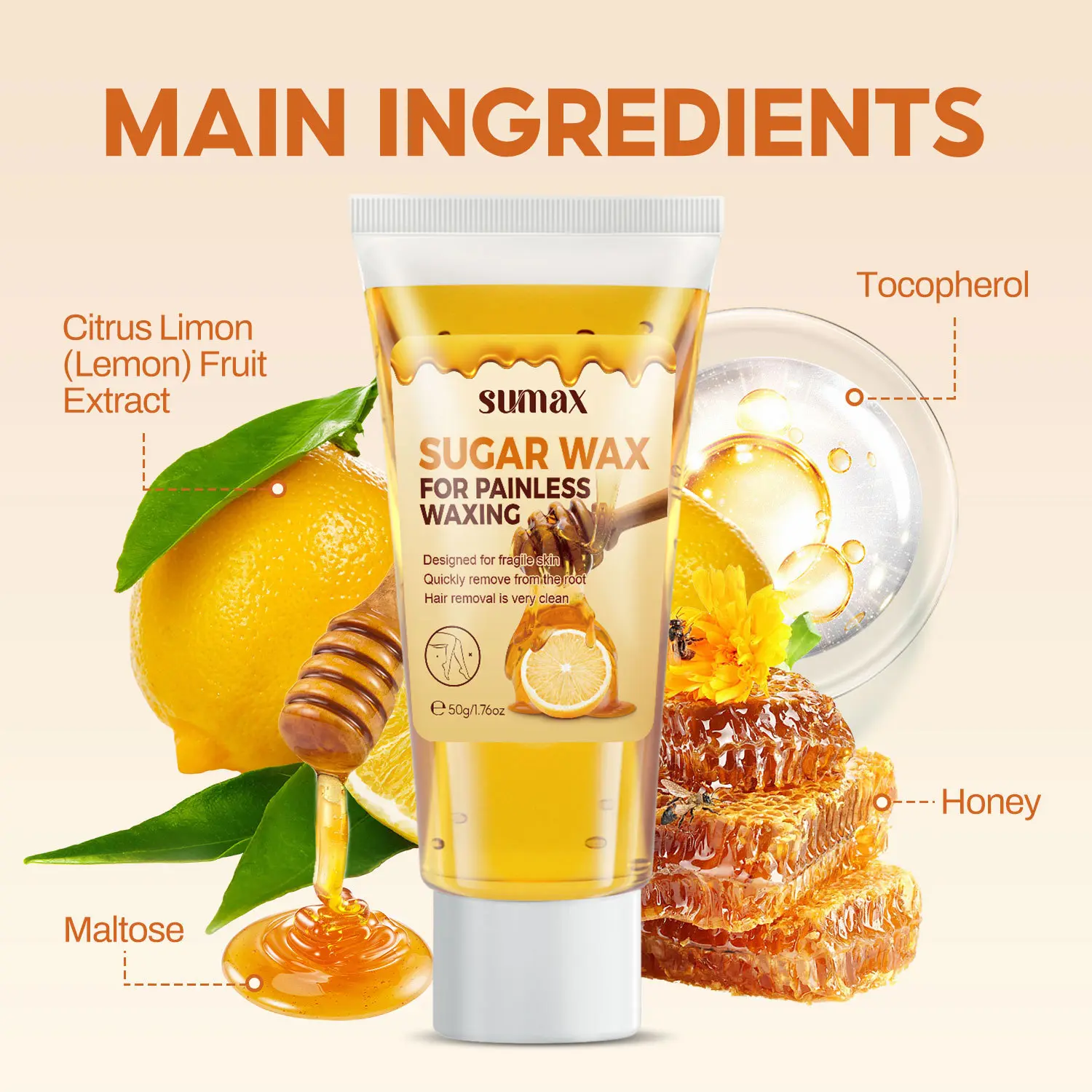 Gentle Honey Sugar Wax Hair Removal Kit 50g With Wooden Spatula & Wax Strips, Sugar Waxing, Painless Soft Wax For Sensitive Skin, Root Removal For Leg Arm Underarm At-home Depilatory