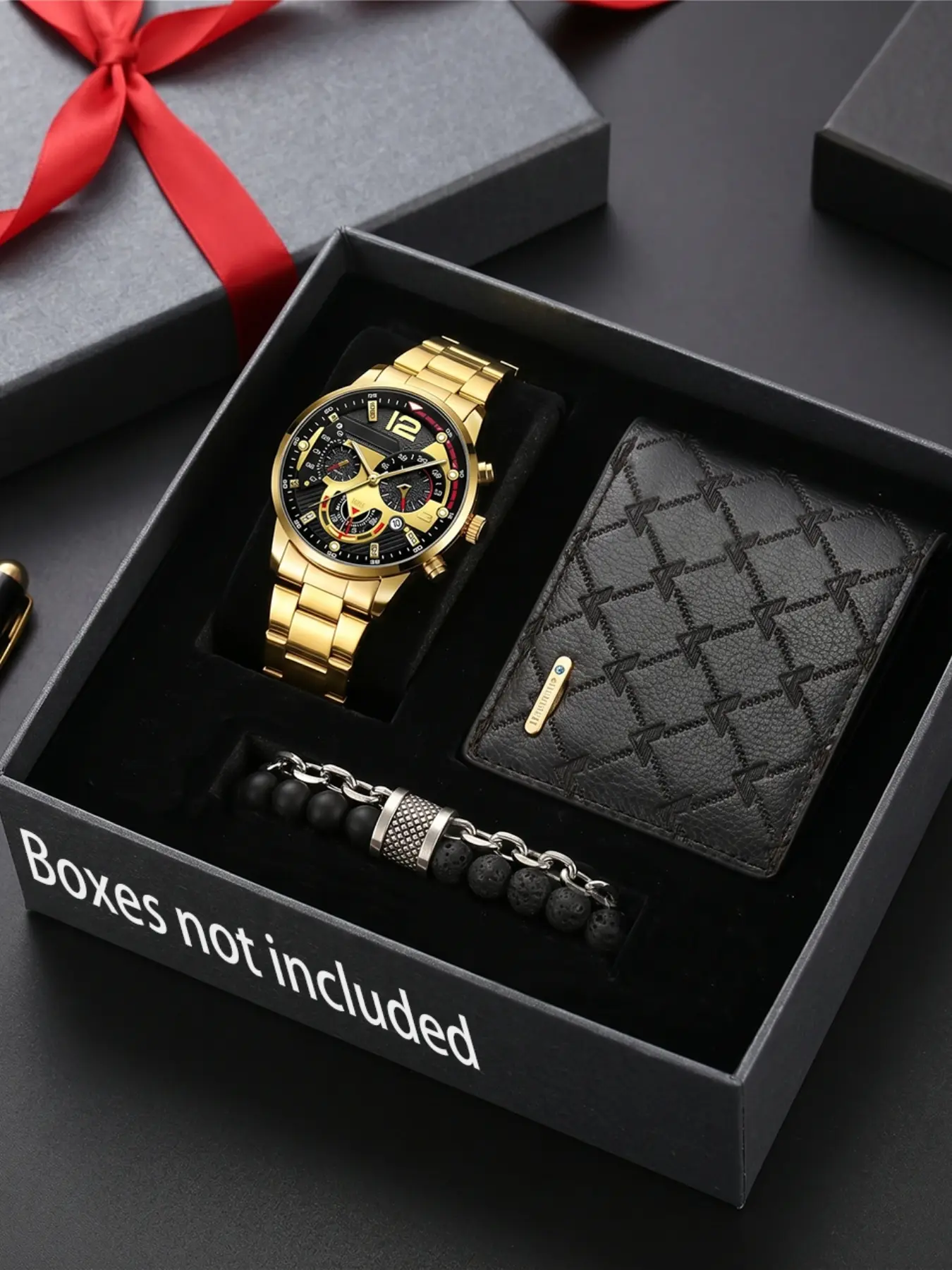 3pcs Men's Business Set, Daily Wear, Steel Strap Watch, Coin Purse, Volcanic Stone Bracelet, Ideal Gift for Father's Day, Christmas, Valentine's Day