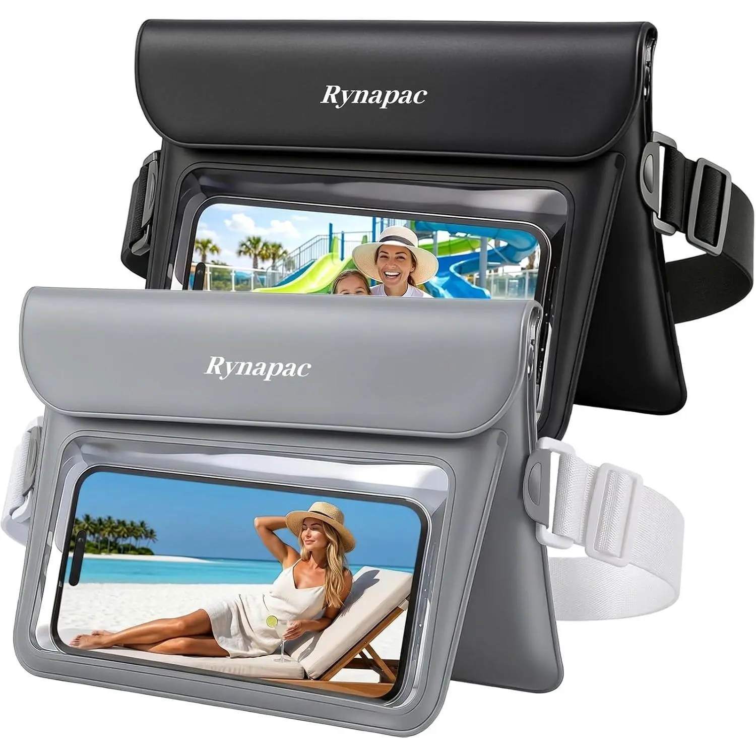 Unisex 2-Pack Waterproof Underwater Waist Fanny Pack with Double Space, Elastic Waist Strap, Phone Pocket for Passport Wallet - Swimming Snorkeling Sports & Outdoor Accessories