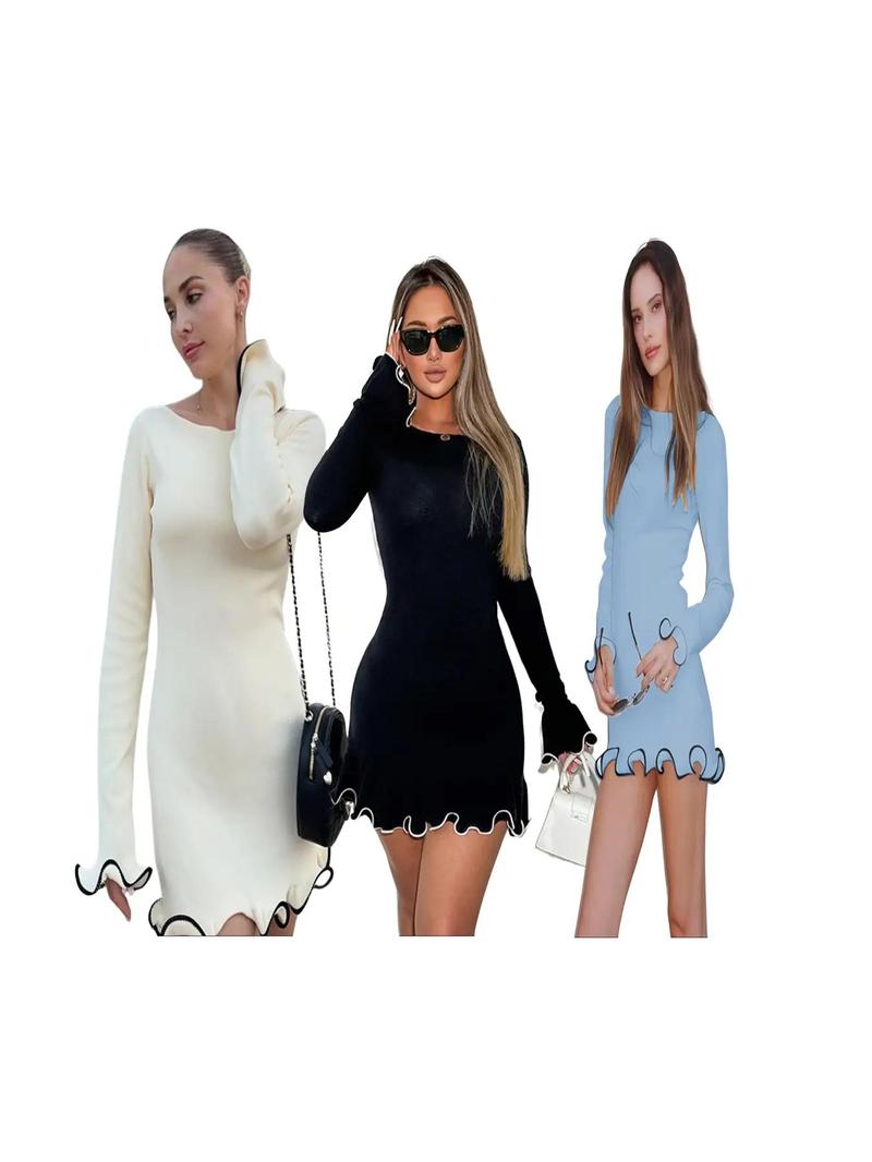Women's Elegant Long Sleeve Colorblock Knit Dress, Spring & Fall Fashion A-Line Skirt, Contrast Binding Design