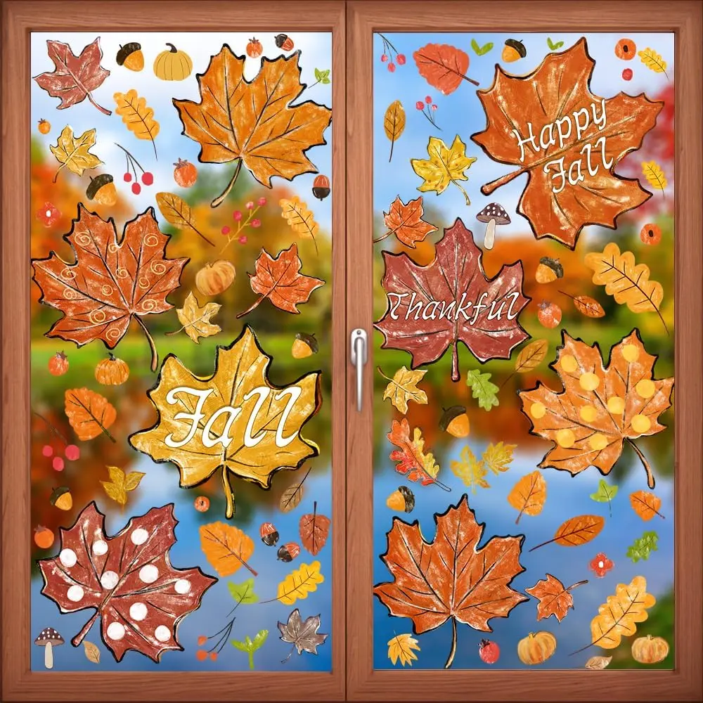 8 Sheets Thanksgiving Fall Window Clings - Maple Leaves Pine Cones Oil Painting Window  Stickers for Autumn Glass  Decor and Thanksgiving Fall Decoration