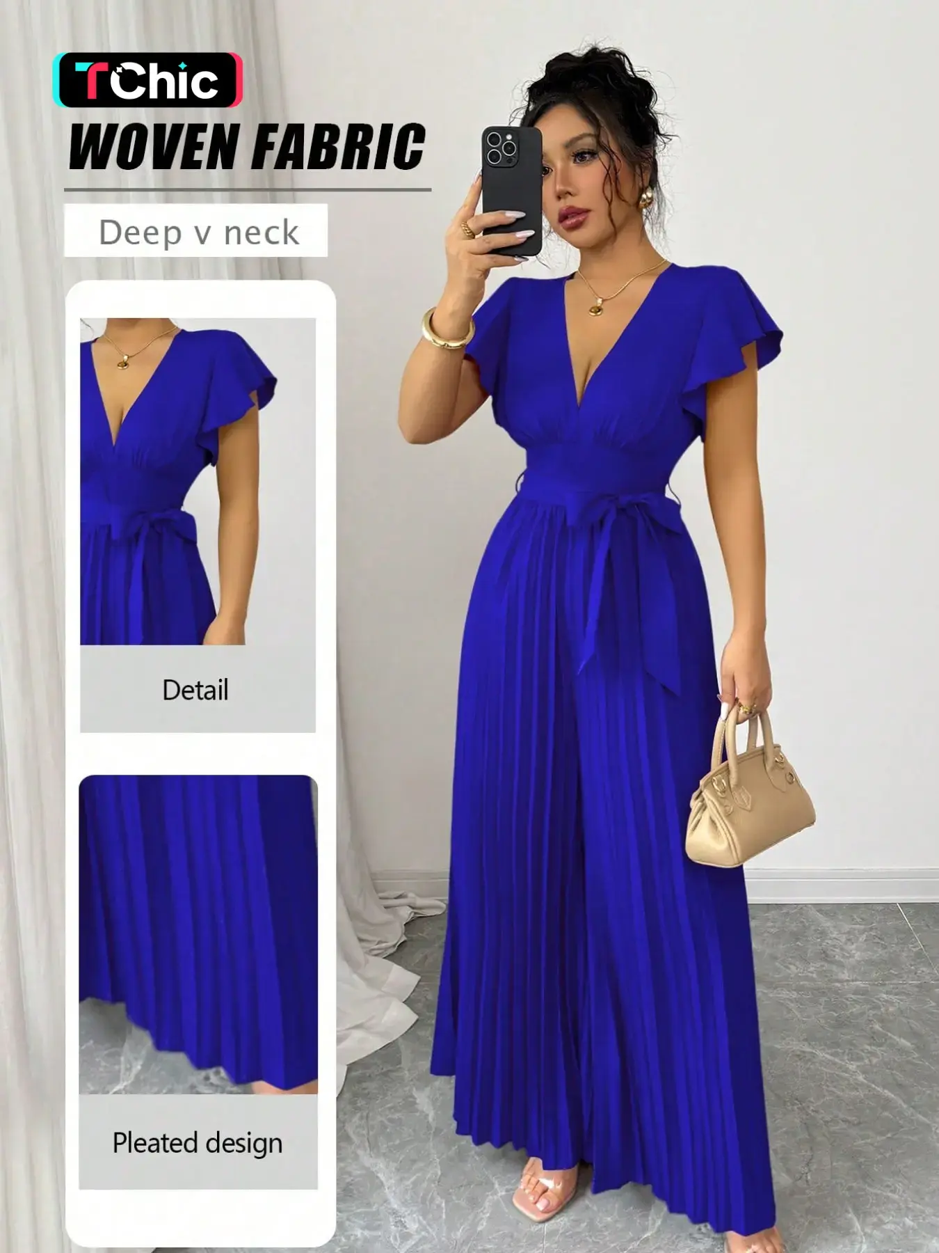 New Women's Chic V-Neck Pleated Wide Leg Jumpsuit, Waist Cinched Fitted Design, Casual Daily Wear, Commuting and Party