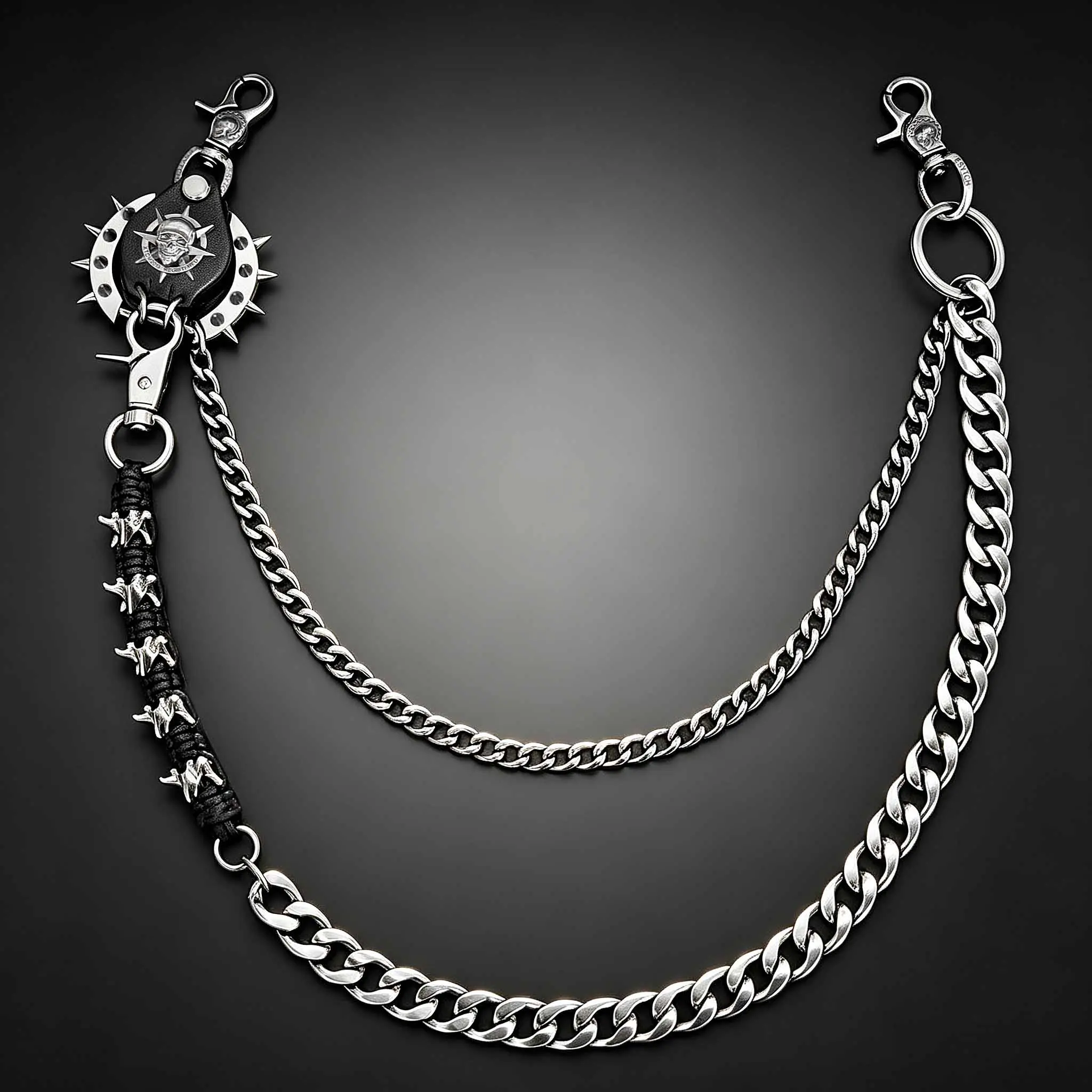 Men Spiked Skull Leather Wallet Chain, Jean Pants Chain, Punk Biker Trouser Key Chain, Hip Hop Rock Waist Belt Chain