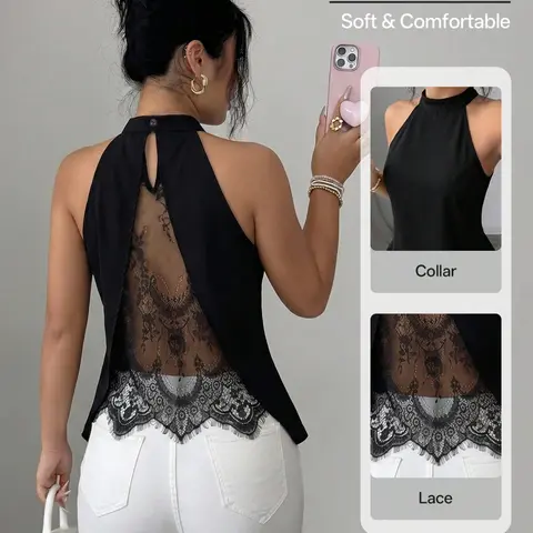 Women's halter sleeveless vest, Chic elegant vest, keyhole button back design sheer floral lace spliced split back hem tailored slim‑fit cut soft & comfortable fabric ideal for daily casual outings hangouts dates