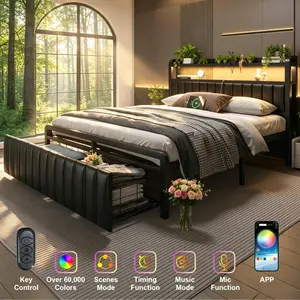 Black Metal Platform Bed Frame, Upholstered Storage Headboard with Sensor RGB LED Lights, Built-In Charging Station & Under Bed Storage Drawers, Noise-Free Non-Slip Design