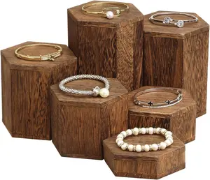 6 Pcs Brown Wooden Hexagon Risers Display Stand for Jewelry and Accessories Display