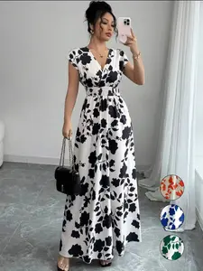 Small Size V-Neck Shoulder Cover Short Sleeve Floral Dress, High Waist Slim Fit A-Line Long Dress, Vacation Style