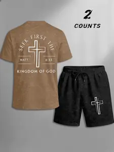 Men's Vintage Cross Bible Print Short Sleeve Set, American Religious Retro Loose Fit Breathable Casual Sports, Two-Piece Ensemble