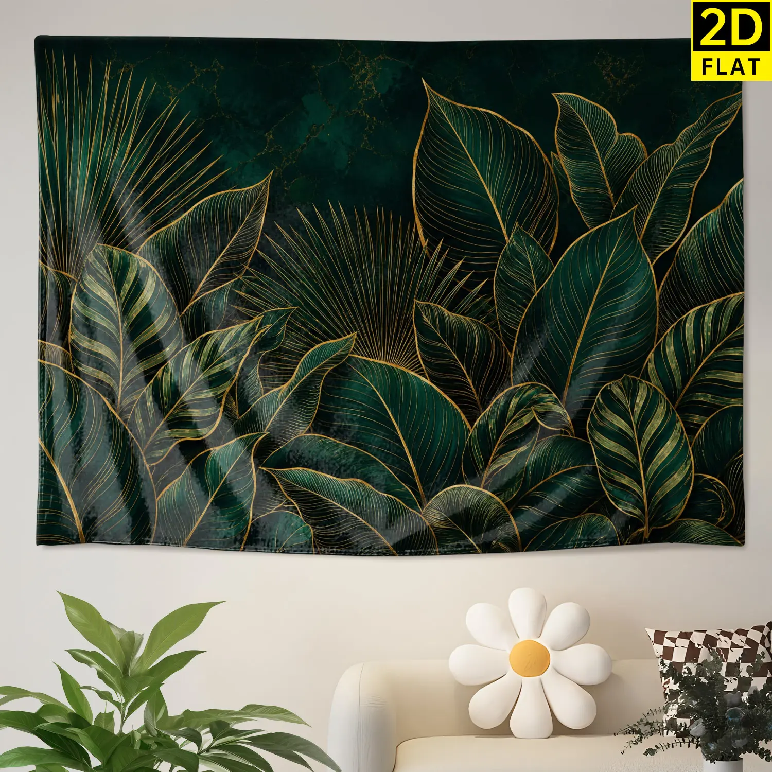 Dark Green Gold Tropical Leaves Botanical Wall Tapestry - Large Horizontal Printed Polyester Wall Hanging, Decor Artwork for Living Room, Room Decor, No Installation Required, Indoor-Outdoor Gift for Loved Ones