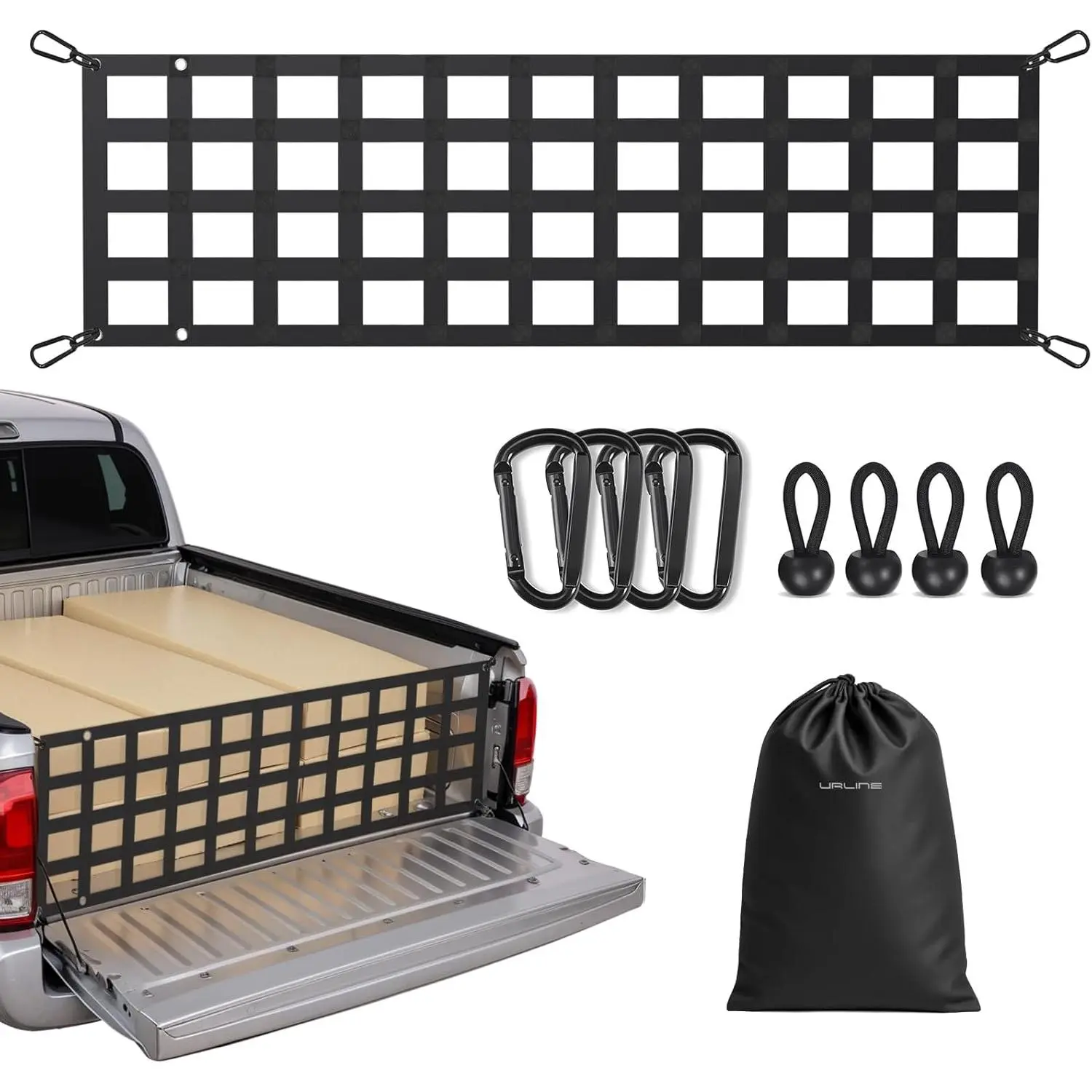 Heavy Duty 60X18' Tailgate Net for Truck Pickup Bed with 4 Adjustable Buckle Straps Easy-to-use Tailgate Cargo Netting Fit for Full Size Pickup Black