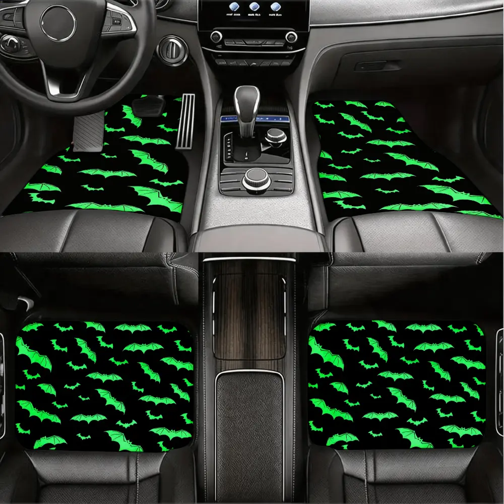 Halloween Car Floor Mats, Universal Auto Floor Liners, Glowing Green Bat Pattern On Black Background, Non-Slip Rubber Material With Custom Fit Design, For Halloween Enthusiasts And Party Goers, 4-Piece Set Including Front And Rear Mats
