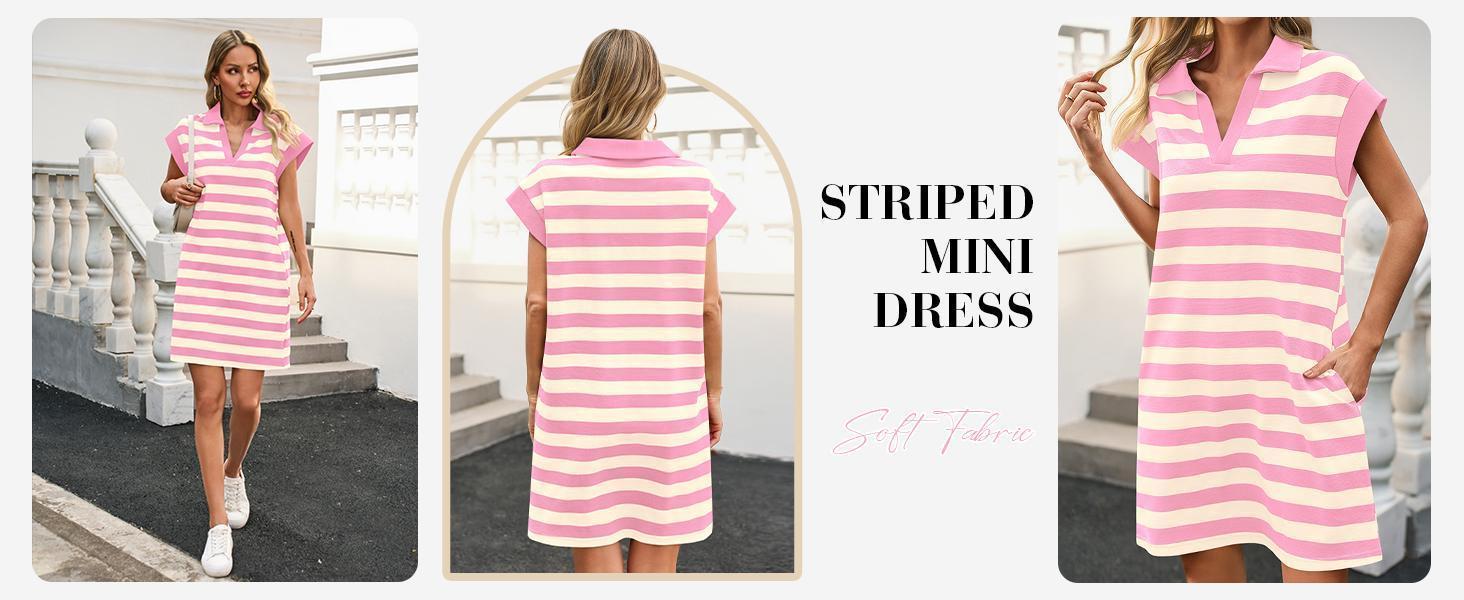 Danedvi Womens Striped Summer Mini Dress Casual Cap Sleeve Polo V Neck T Shirt Dresses with Pockets