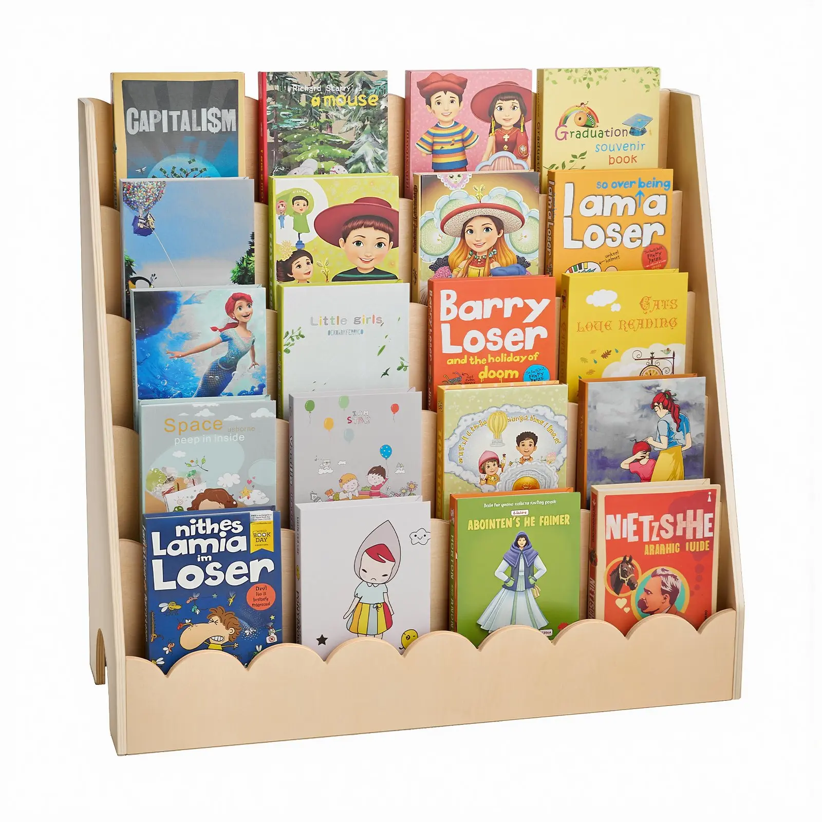 VEVOR Montessori Bookshelf, 5-Tier Scalloped Kids Bookshelf, Front Facing Toddler Bookcase, Dual Hooks for Hanging Backpacks, Baby Bookshelf for Kids Room, Living Room, Entryway, Nursury, Preschool