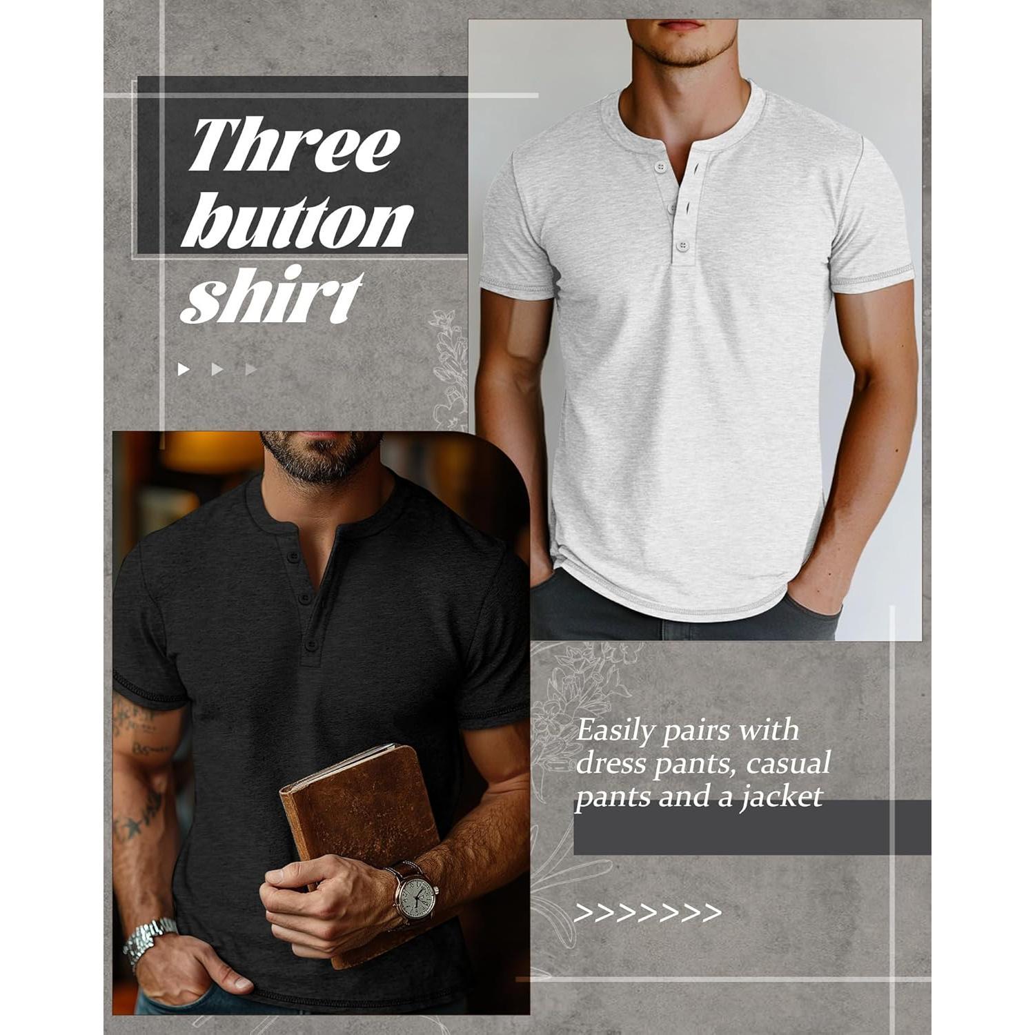 3 Pack Men's Big & Tall Henley Short Sleeve Shirts, Cotton Crew Neck Casual Button T-Shirts Summer Basic Tees Tops Menswear Tshirt