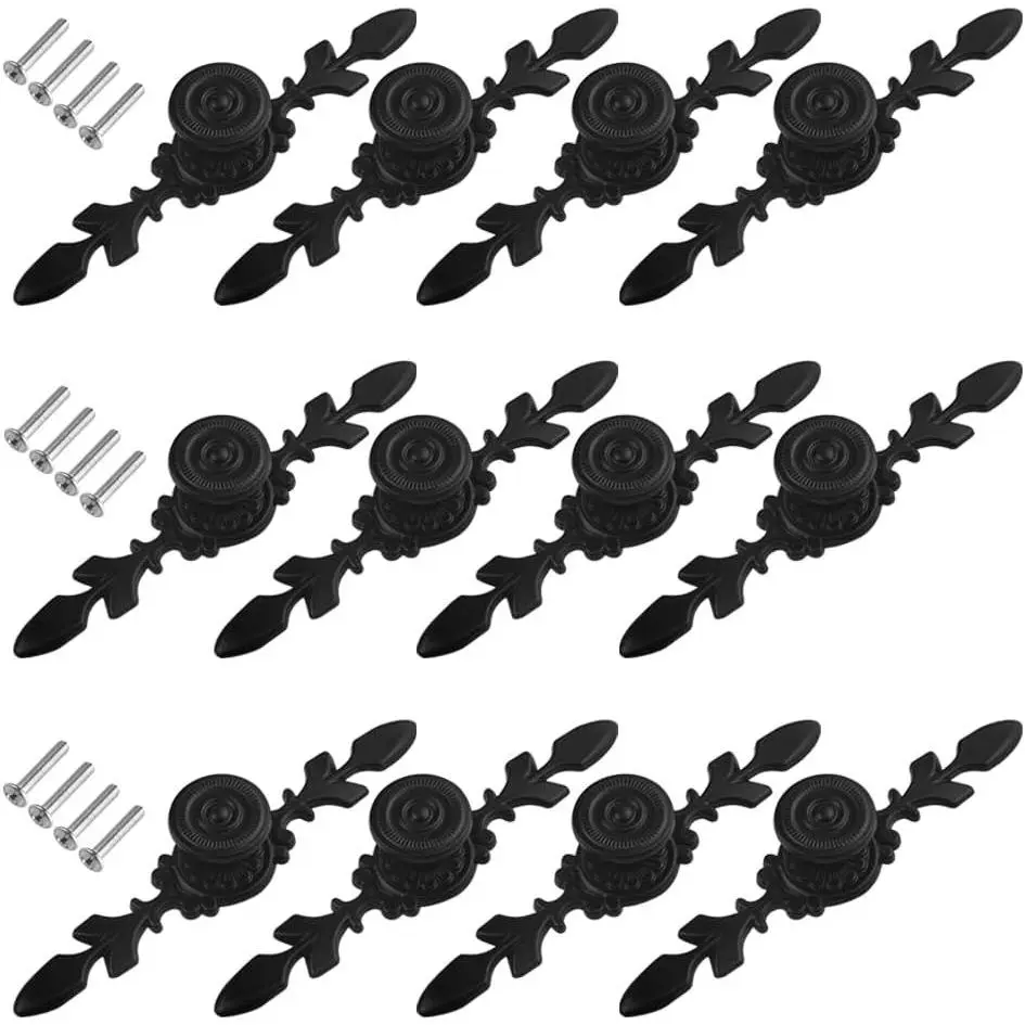 12Pcs 4.72in/120mm Vintage Black Floral Pattern Kitchen Cabinet Knobs with Plate, Antique Look Pull Handles for Dresser Closet, 4.72 In