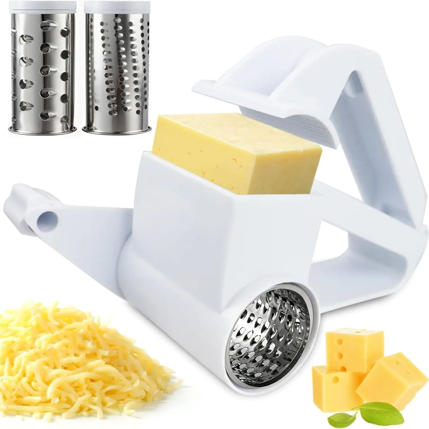 Handheld Rotary Cheese Grater with Fine & Coarse Drums, Stainless Steel & Abs, Dishwasher Safe, Includes Extra Handle, Ideal for Cheese Nuts Chocolates