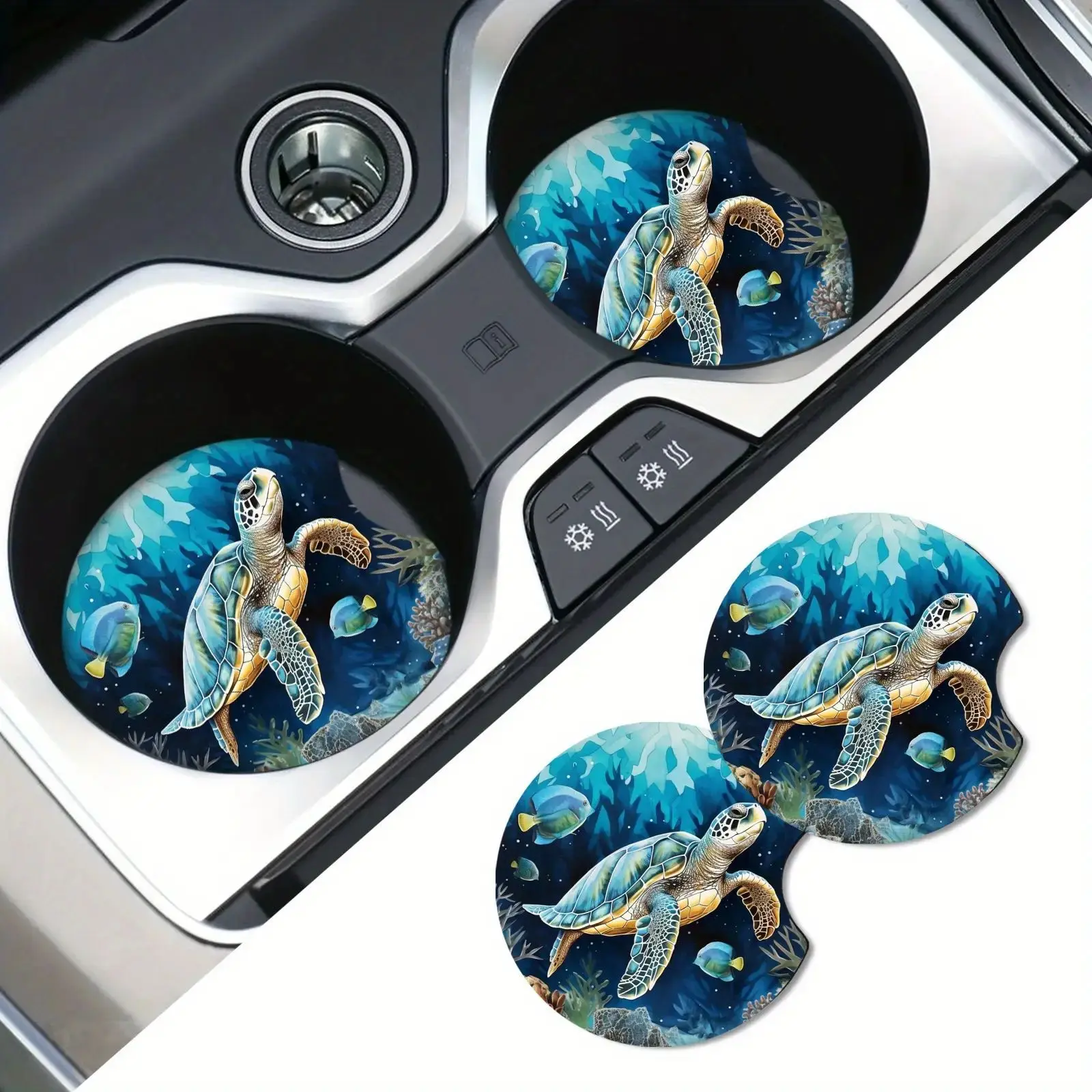 Nautical Ocean Sea Turtle Car Coaster Set - 2-Pack Absorbent Ceramic Cup Holder Mats with Sea Turtle Art, No, for Blue Car Interiors, Fits Cup Holders (Sports & Outdoor Camping & Hiking Hammock Accessory)