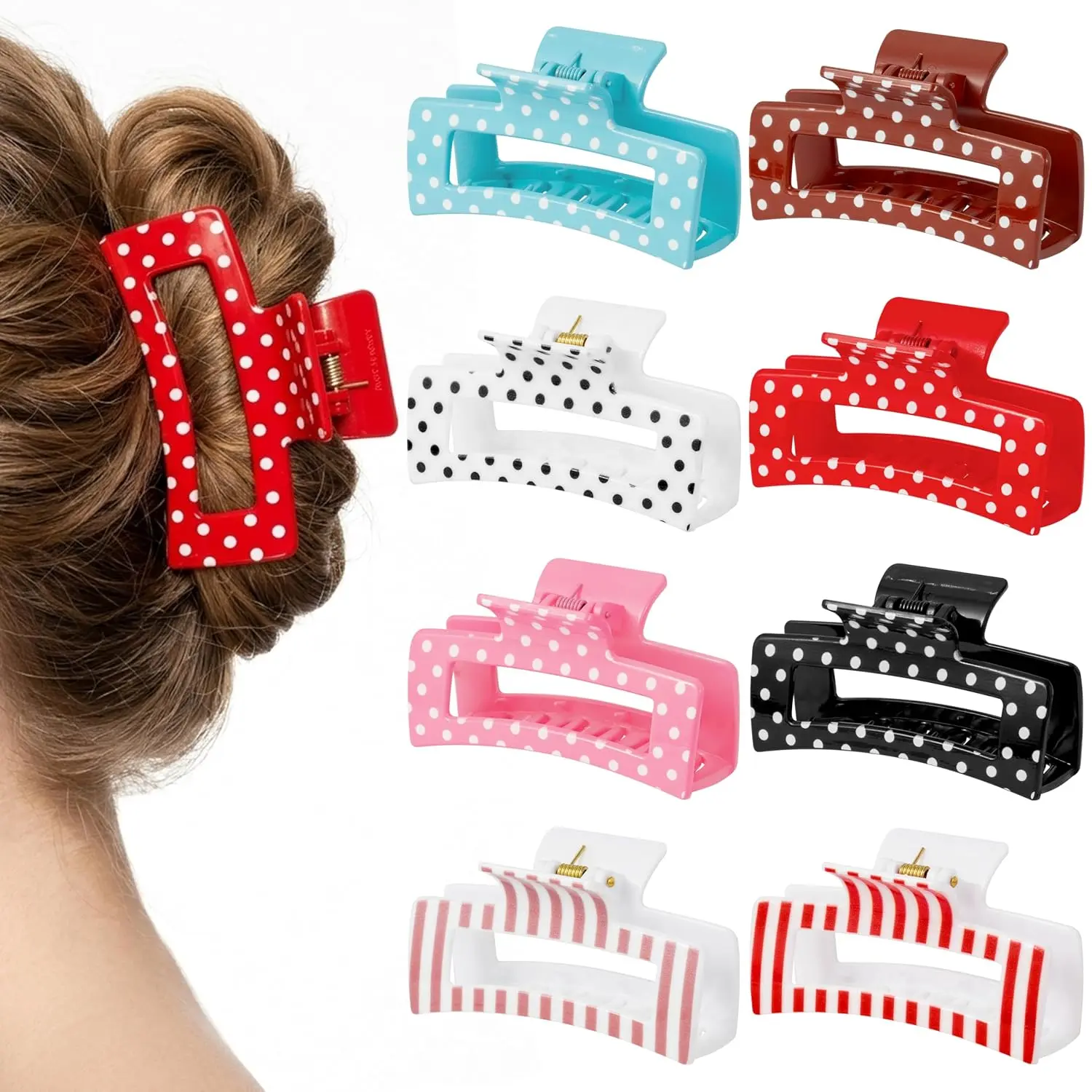 Women's & Girls' 8-Count Nonslip Rectangle Hair Claw Clips - Polka Dot & Striped, Red Black White, Fits Thin Thick Short Long Curly Hair, Party & Holiday Gift Accessories, Rectangle Clip
