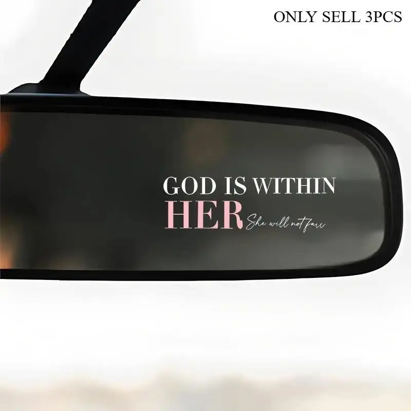 "God Is Within Her She Will Not Fall" 3Pcs Car Decal, Pink Christian Bible Verse Waterproof Vinyl Sticker, Faith Decor for Rearview Mirror Window Laptop