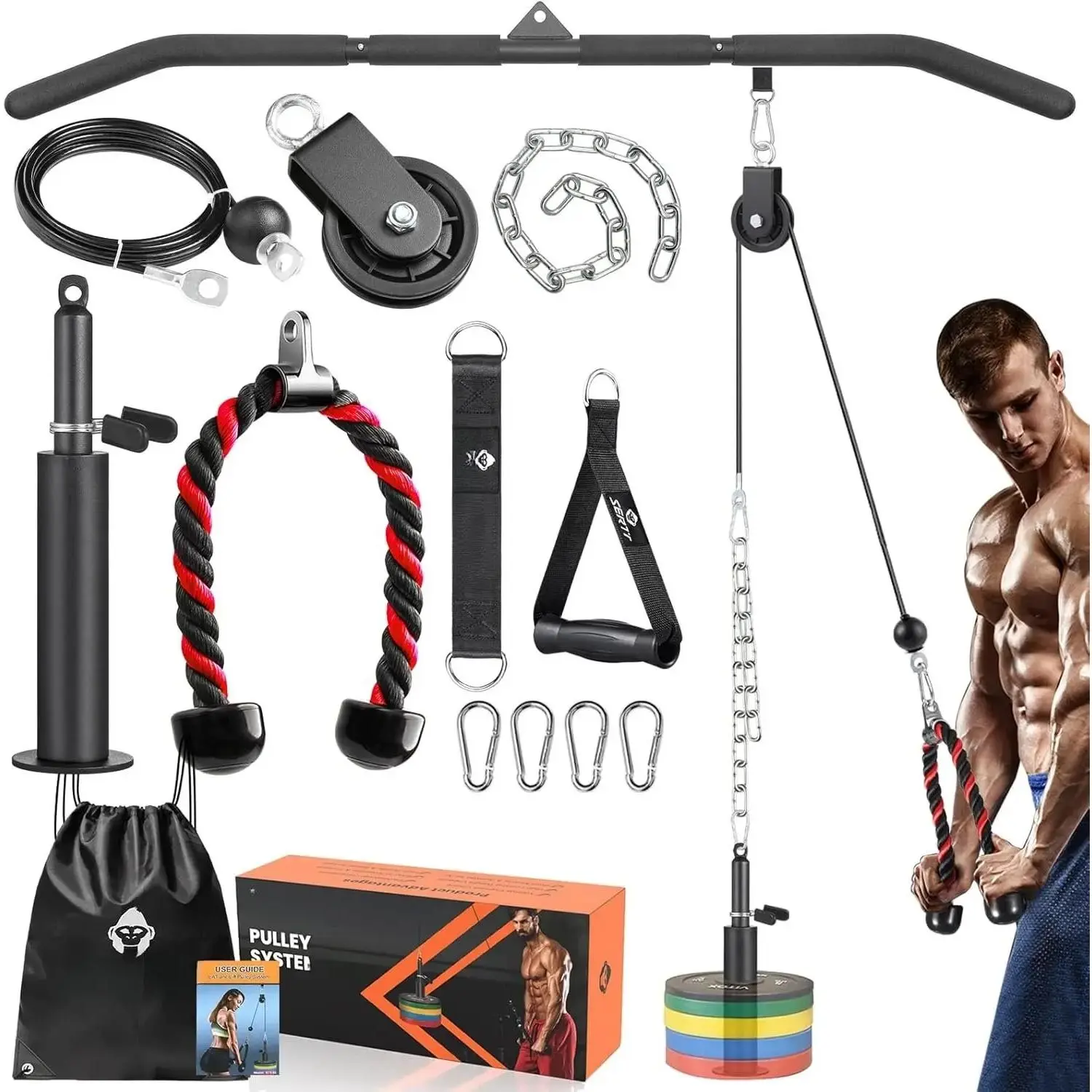 Pulley System Gym, Power Rack Pulley Attachment with 2-in-1 LAT Pull Down Bar and Upgraded Loading Pin, for Triceps Pulldown, Biceps, , Yifanyou Sports