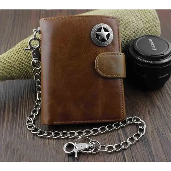 Men's Genuine Leather Biker Texas Star Zipper Card /Money Chain wallet Purse