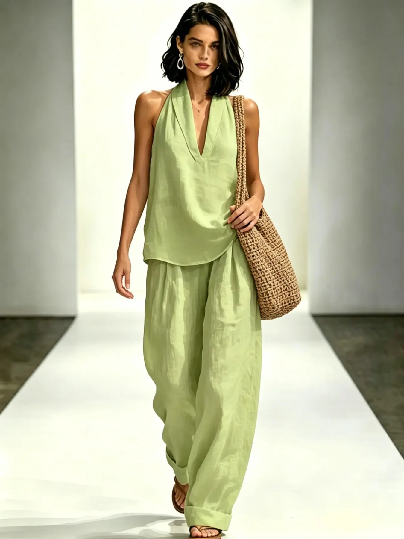 That Girl Summer Athleisure Two-Piece Matching Suit, Flowy Halter Sleeveless V Neck Tank with Pocket Wide Leg Trousers, Trendy Loungewear Suitable for Beach Vacation, Travel & Everyday Casual Looks.