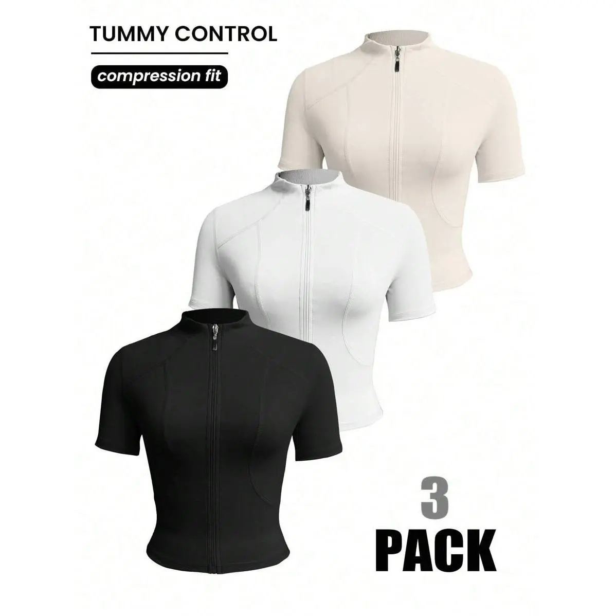Women's Sporty Chic 3-Pack Fitted Mock Neck Short Sleeve Padded Zip Front Jersey Jacket - Running Fitness, Waterproof Insulated for Outdoor Activities