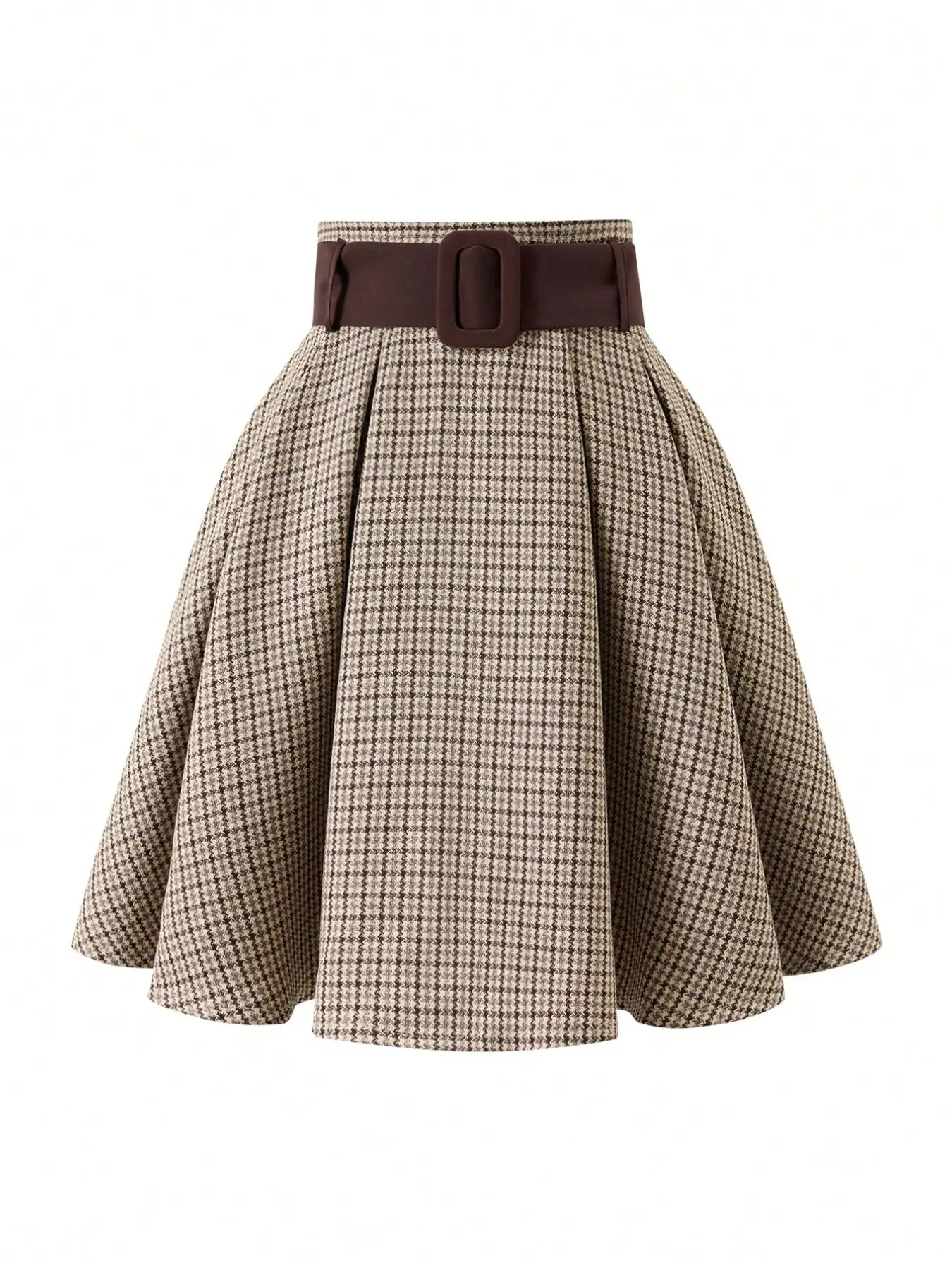 Women's Vintage Houndstooth Mini Skirt, High Waist A-Line Fluffy Design, Belted Slimming Effect, Casual Everyday Wear, College Style
