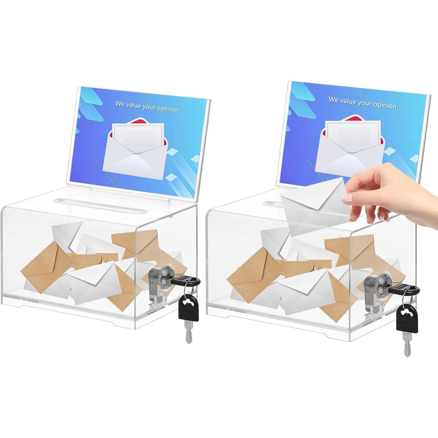 Clear Donation Box for Fundraising with Lock & Sign Holder, Multi-Use Voting and Raffle Box, Tip Jar, Secure Storage, Durable Plastic, 6.2'' x 4.6'' x 4.0'', 2PACK(Sign Card Not Contain)