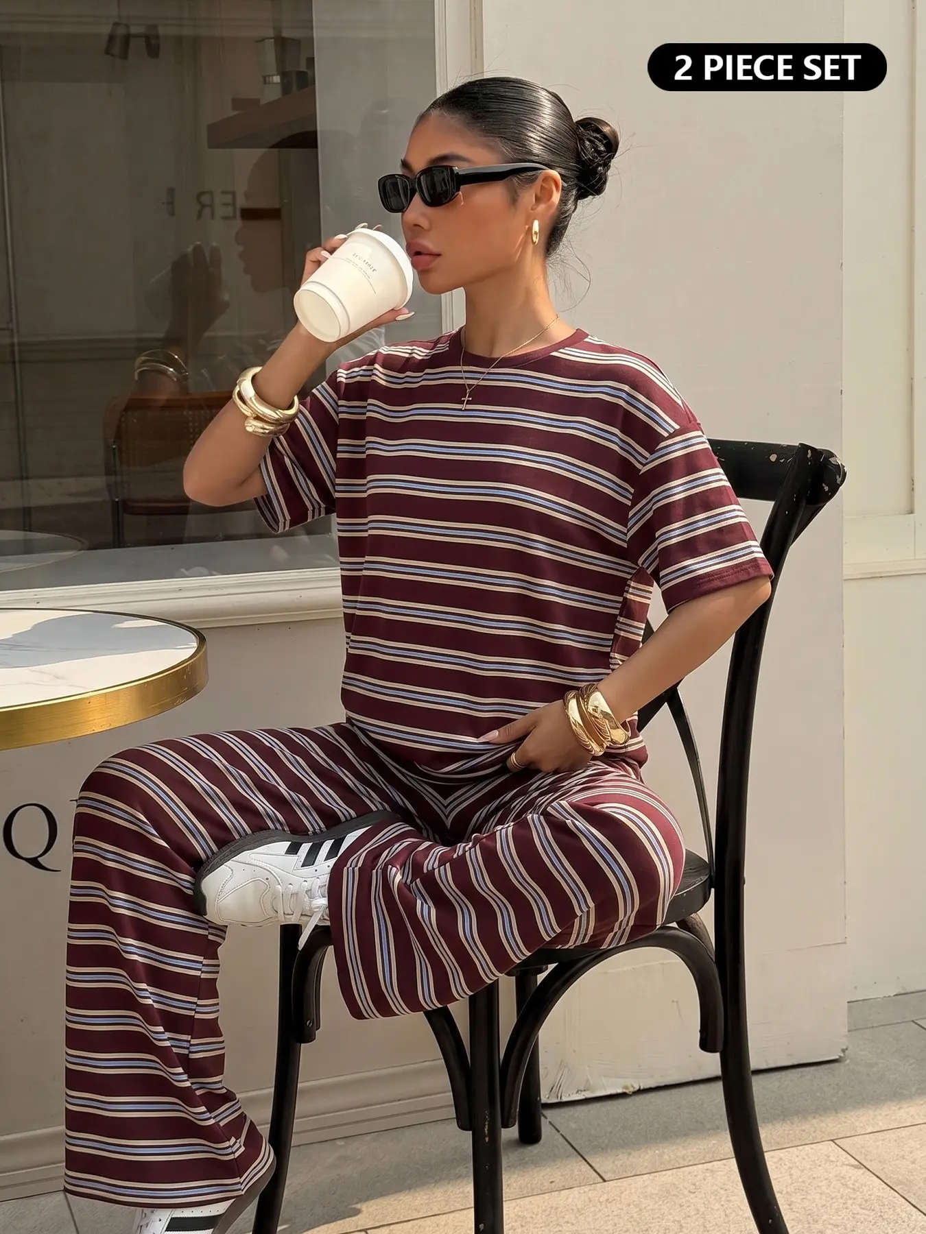 Women Retro Horizontal Stripe 2 Piece Outfit Set, Striped, Burgundy Base With White Blue Thin Stripes, Crew Neck Loose Short Sleeve T-Shirt, High Waist Wide Leg Long Pants, Soft Elastic Knit Fabric, Lazy Casual Matching Tracksuit, Daily Street Look