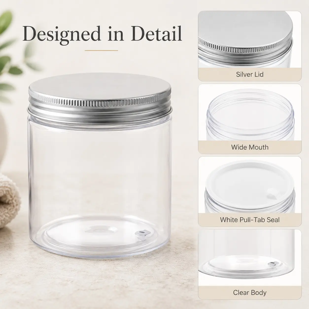 Clear Transparent Wide Mouth Storage Jars 8 Pack, Reusable Plastic Organiser Containers, Ideal for Cotton Pads, Bath Salts, Snacks & Accessories