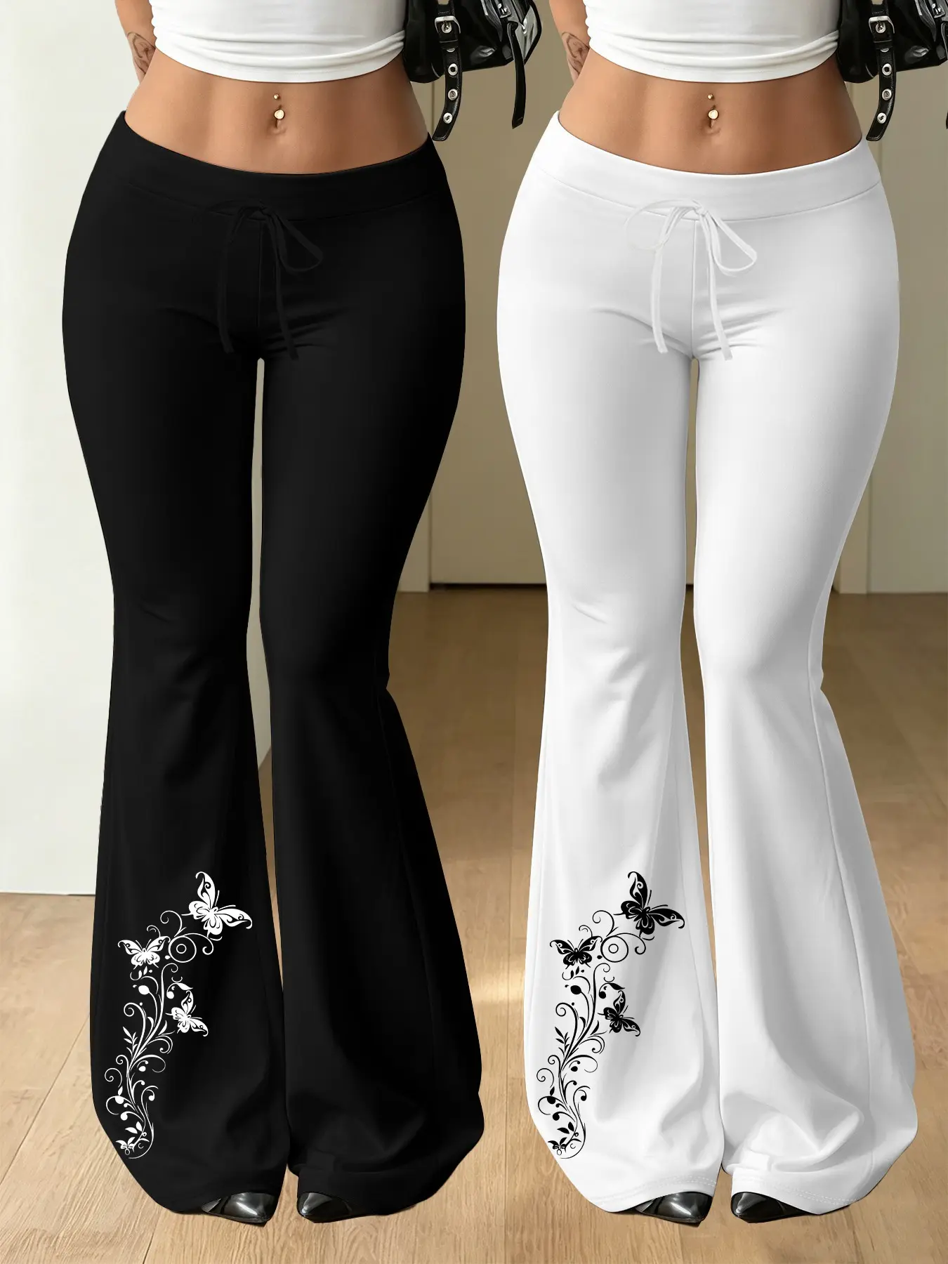 2-pack Vine Butterfly Fashion Plus Size Women's Pants, Stylish Flared Pants Suitable for All Seasons