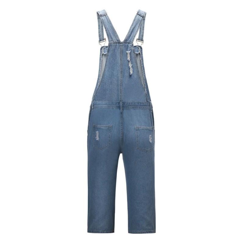 Plus Size S-3XL Men Denim Overalls Jumpsuit Shorts Ripped Hole Suspender Bib Jean Pants Cargo Work Summer Casual Slim Loose Street Wear Outfit Black Blue