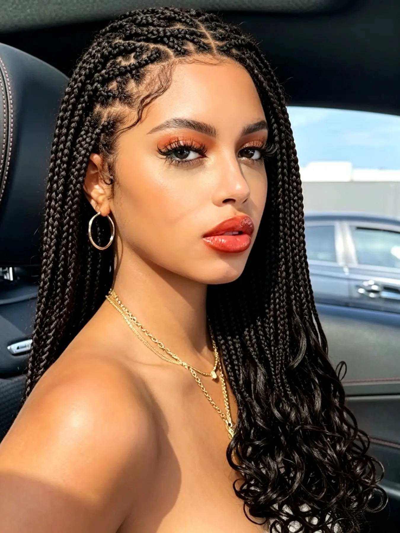 Box Braided Wig Knotless Box Braids with Curly Ends, 34" Extra Long Synthetic Lacewig, All-Season Wear, No Bangs Design
