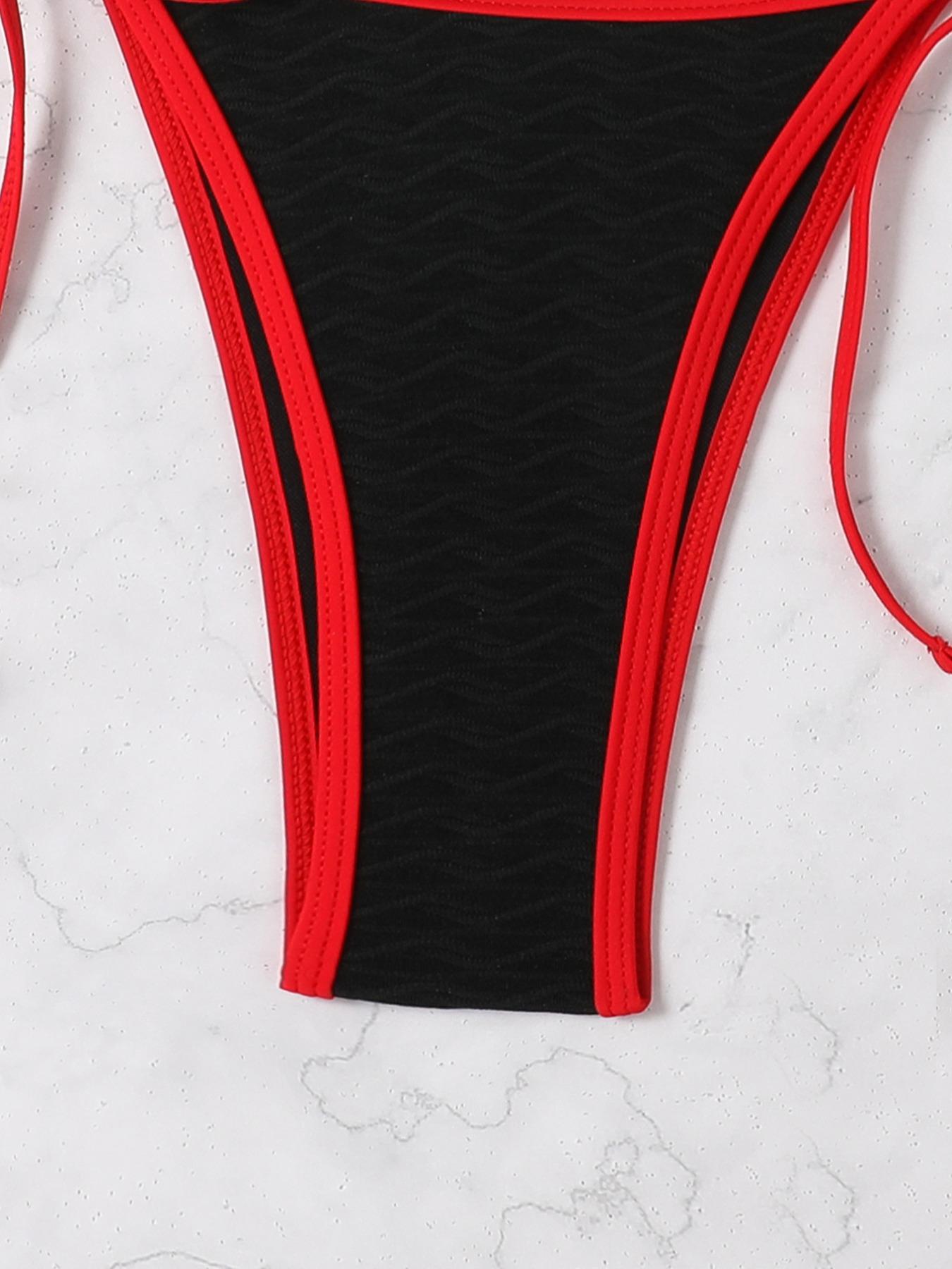 Two-Piece Set Women's Boho Contrast Binding Bikini Swimsuit, Halter Neck Tie Back Triangle Swim Bra & Tie Side Swim Bottom, Gothic Bikini, Tie Back Bikinis, Back To School Ladies Summer Swimwear for Beach Holiday Vacation