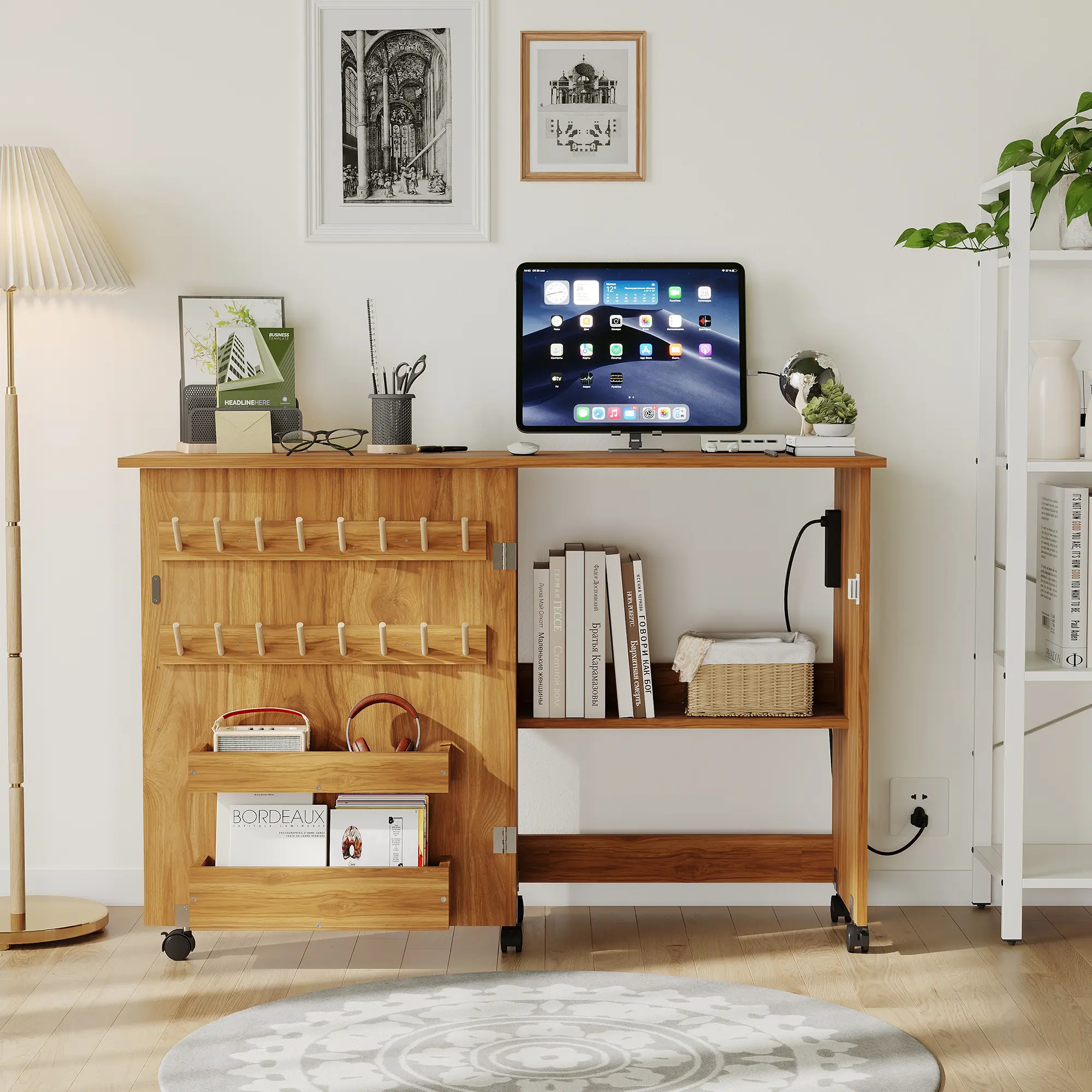 Foldable Sewing & Craft Table with Charging Station – Lockable Wheels, Storage Trays, Shelf, Pegs, Magnetic Locks, Space-Saving Cabinet Desk, Portable with Side Bins, Rosewood