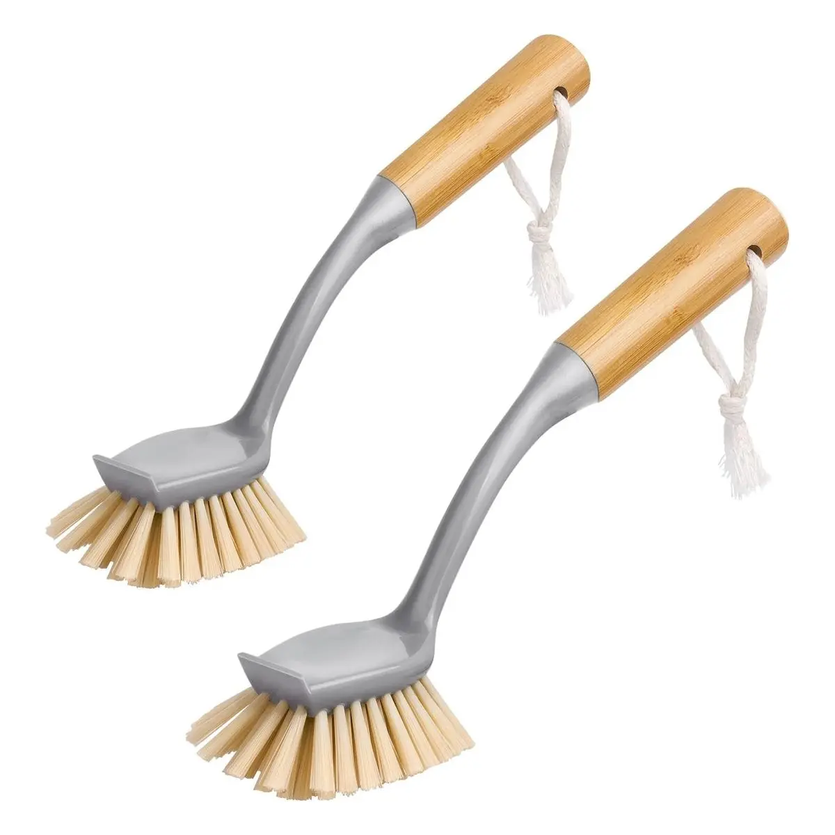 Eco-Friendly Bamboo Kitchen Scrub Brush Set (2-Pack) - Long Handle, Built-In Scraper, Hanging Rope, Multifunctional for Pans, Pots, Sink, Bathtub Cleaning, Cleaning Bathtub, With Handle