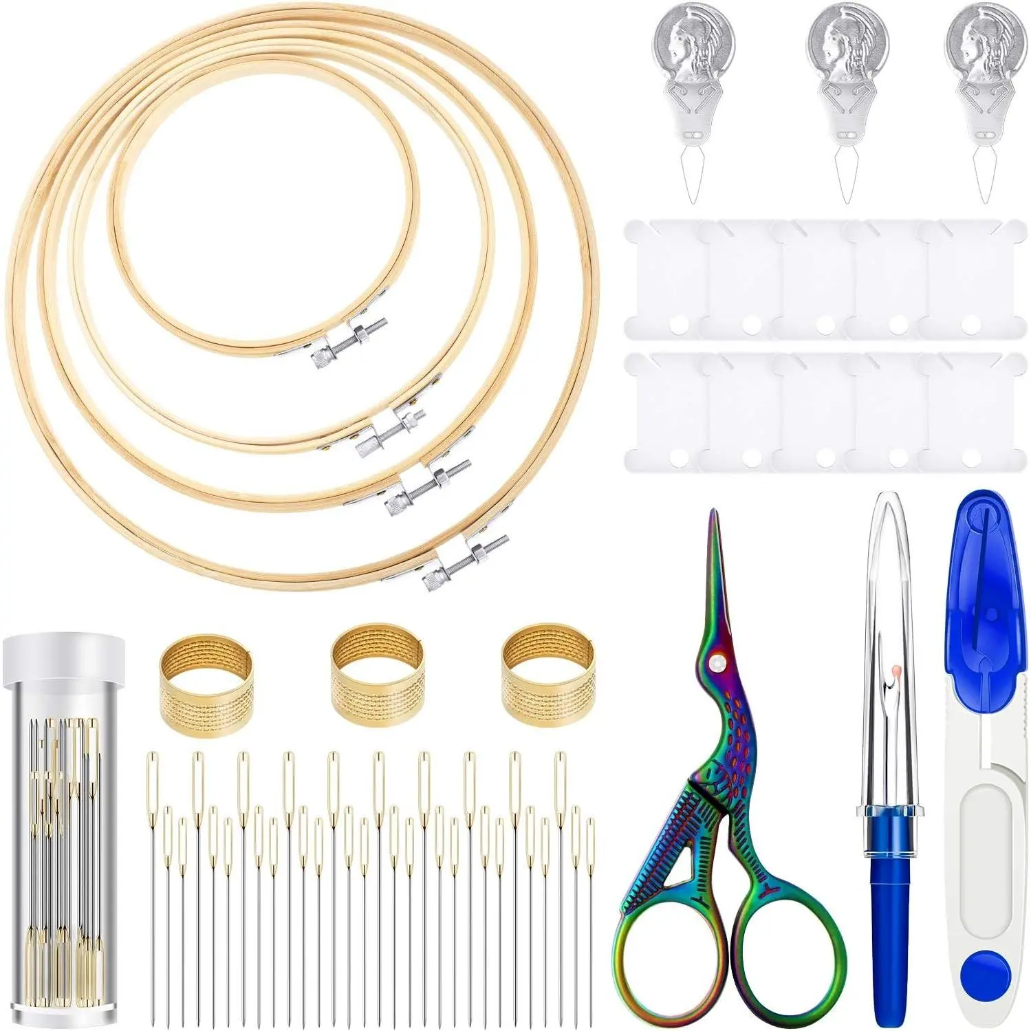 53-Piece Cross Stitch Embroidery Starter Kit with Bamboo Hoop, Needles, Scissors, Threading Tool, Thimbles, Bobbins & Seam Ripper - BlueGift