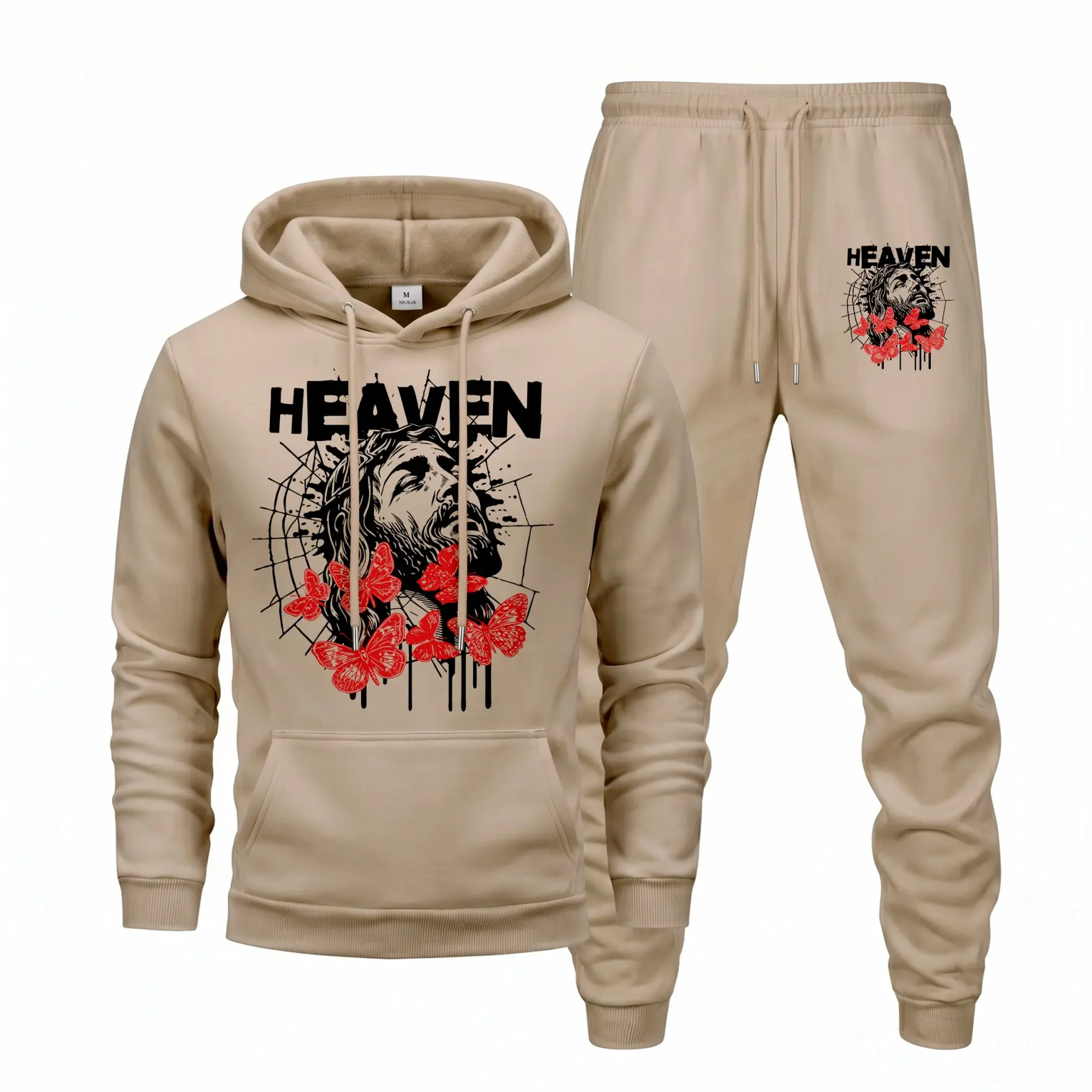 Men's Christian Hoodie and Jogger Set, Heaven Graphic Pullover Sweatshirt with Jesus Artwork Print, Faith Inspired Two Piece Tracksuit, Casual Streetwear Outfit for Men, Soft Warm Loungewear Set for Fall Winter Daily Wear