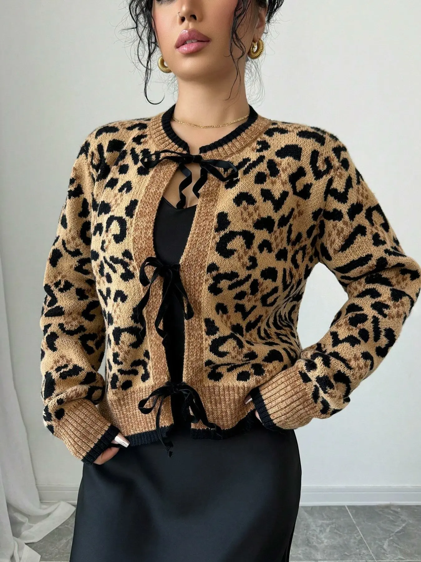 Vintage Leopard Print Knit Cardigan, Round Neck Velvet Tie Butterfly Knot Short Loose Long Sleeve Sweater Coat, Fashionable Outerwear