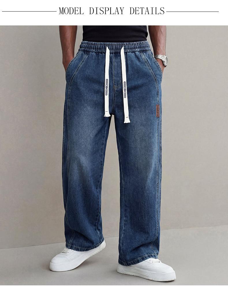 Men’s Stretch Denim Jeans — Vintage Washed Straight-Leg Fit, Drawstring Design for Easy Pulling On and Versatile Casual Wear; Regular-Season Everyday Long Pants