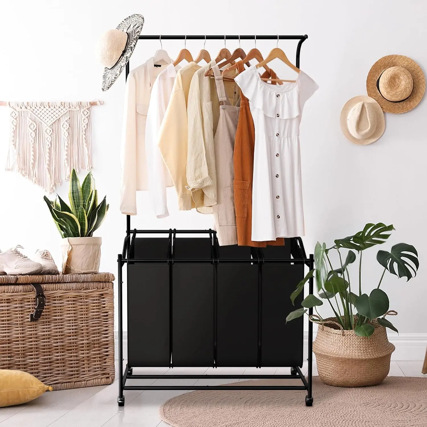 LUCKUP 4-Section Rolling Laundry Sorter Cart with Hanging Bar, 4 Laundry Bags & Lockable Wheels, Portable Laundry Hamper for Laundry Room, Bathroom, Bedroom, Black