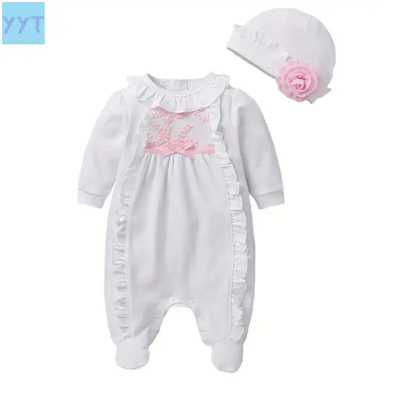 2026 Female Baby Fall Winter Cotton Blend 3D Floral Print 2-Piece Set Outfit - Long Sleeve Ruffled Footie Romper Jumpsuit, Prop 65 Safe Outdoor Sports Hat, Ideal Baby Gifts