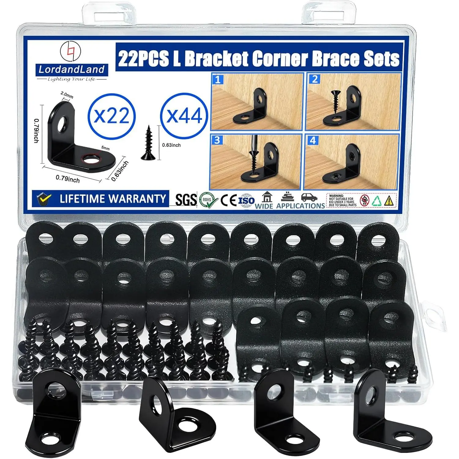 22PCS L Bracket Corner Brace Sets, Stainless Corner Brackets, 90 Degree Angle Bracket, L Brackets for Shelves Wood Furniture Cabinet Chair Drawer with 44PCS Screws, Black (20mmx20mm)