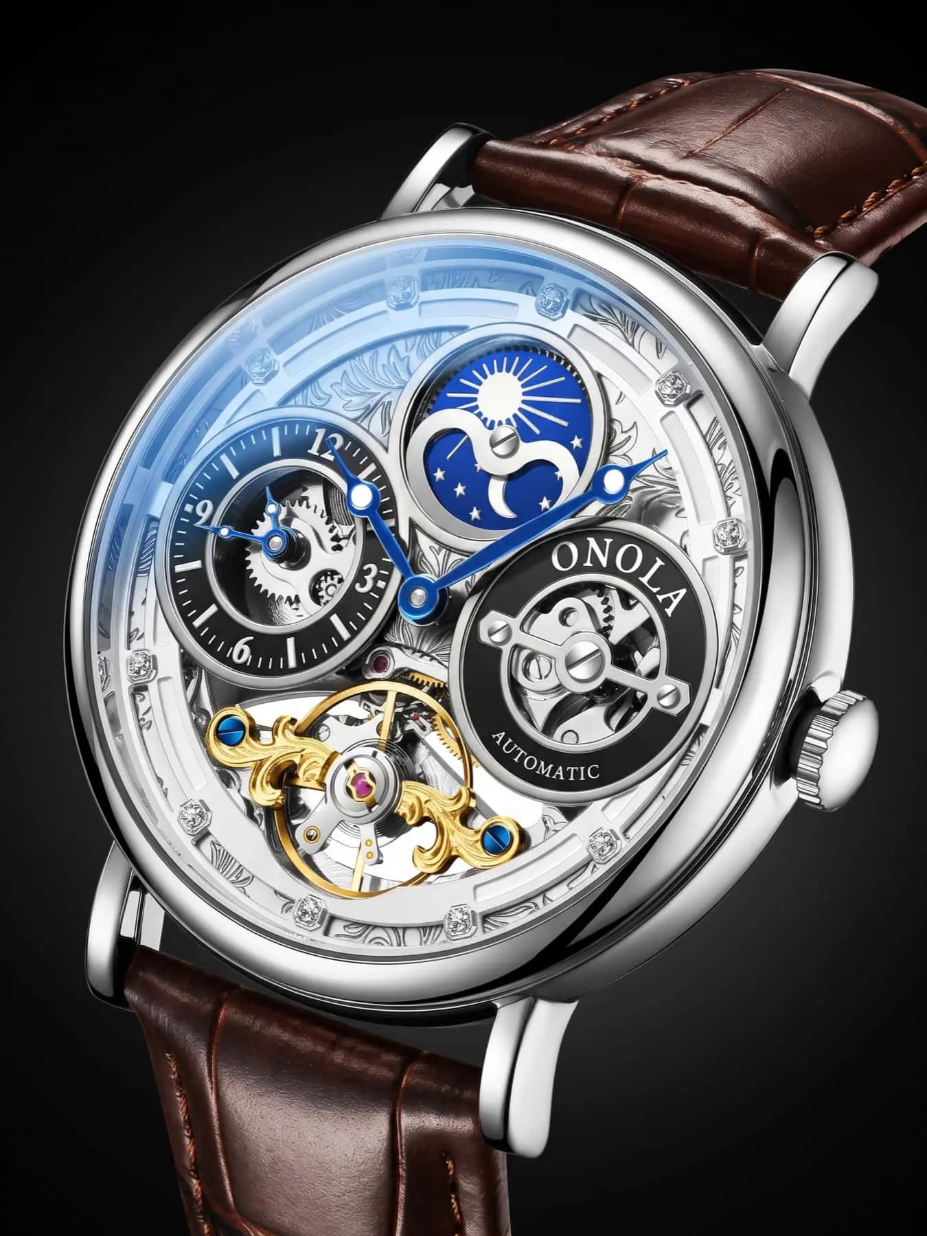 ONOLA 2026 Fashion Mechanical Watch, Automatic Watch, Affordable Luxury  Vintage Mechanical, Fully Skeletonized Watches Waterproof with Moon Phase Display, Leather Business Formal Wristwatch, for Everyday Wear and as a Holiday Gift