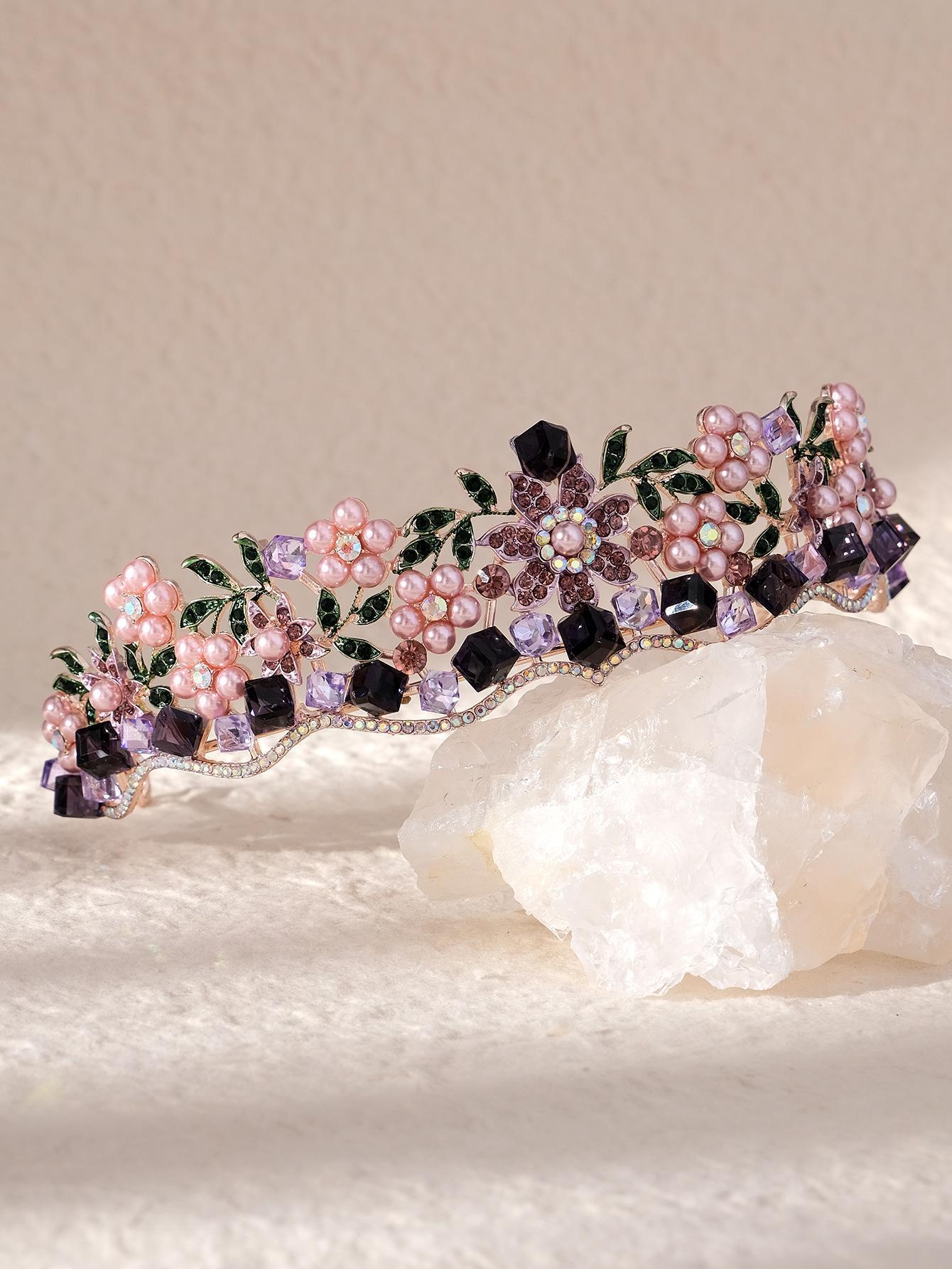 Baroque Purple Crystal Wedding Crown for Women Rhinestone Pearls Tiaras and Crowns Queen Bride Headdress Girls Hair Jewelry