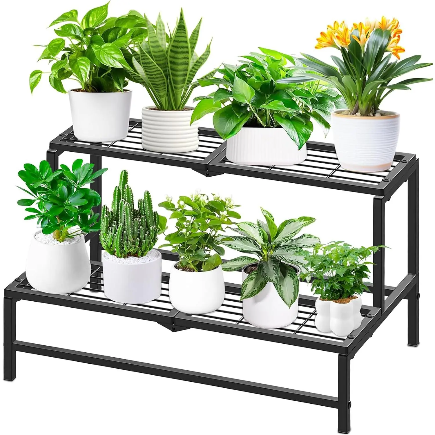 2 Tier Plant Stand Indoor Outdoor, Heavy Duty Metal Tall Plant Shelf for Multiple Flower Planter Holder, Ladder Pot Display Rack for Patio Garden Corner Balcony Living Room (Black)