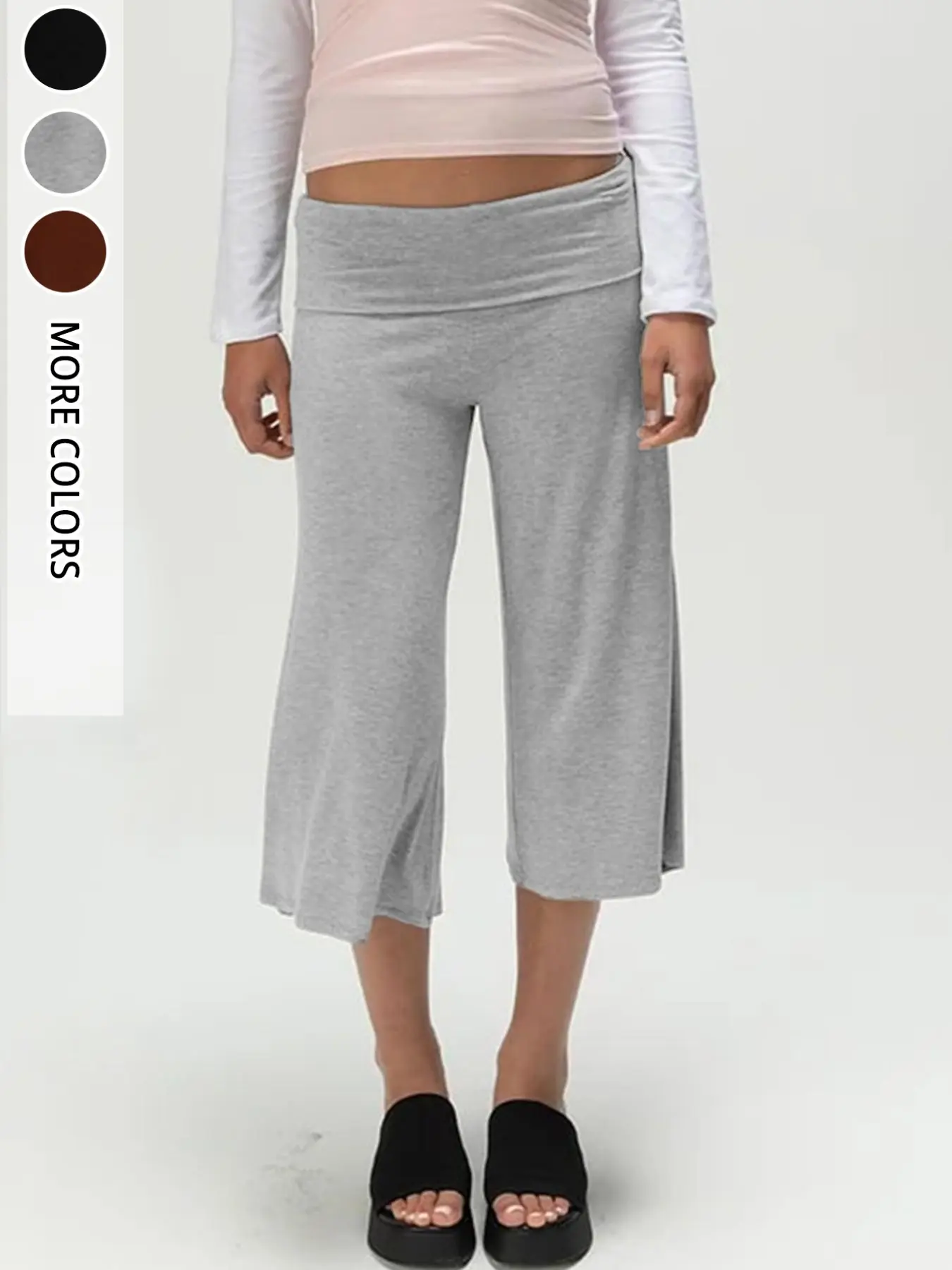 Women's Fold-Over Waist Soft Draped Wide Leg Casual Pants, Loose Comfort Slim-Fit Capri Pants, Bottom, All-Season Wear, Versatile Casual Style Loungewear Pants for Home & Outerwear, Multi-Colors Available, All Season Trousers